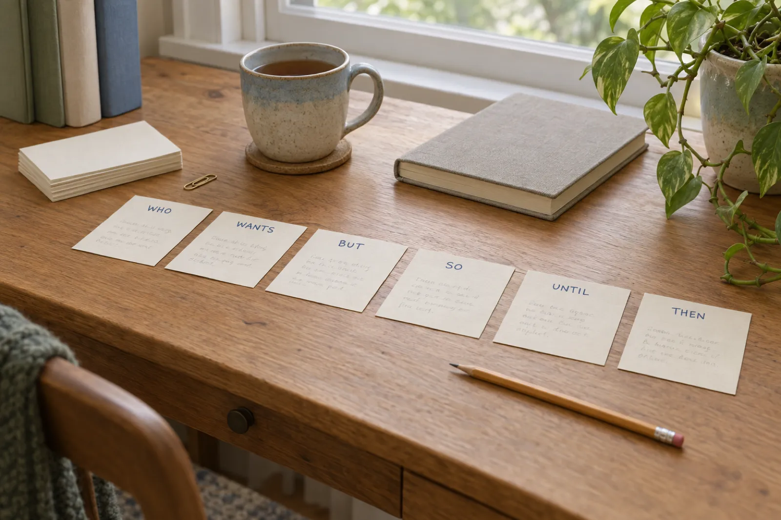 Six cream index cards in a row on an oak writing desk, headed Who, Wants, But, So, Until and Then, beside a mug of tea, a pencil and a stack of blank cards.