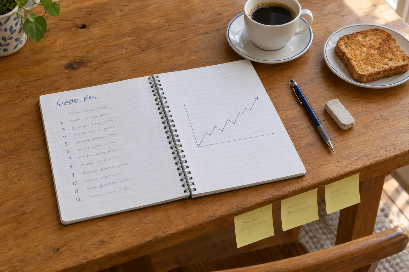 A spiral notebook open on a wooden table, the left page headed Chapter plan with lines numbered 1 to 12, the right page showing a hand-drawn zigzag line climbing to the right, beside a coffee cup and toast.