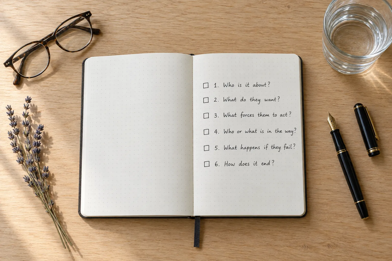 An open dot-grid notebook with a handwritten checklist: 1. Who is it about? 2. What do they want? 3. What forces them to act? 4. Who or what is in the way? 5. What happens if they fail? 6. How does it end?