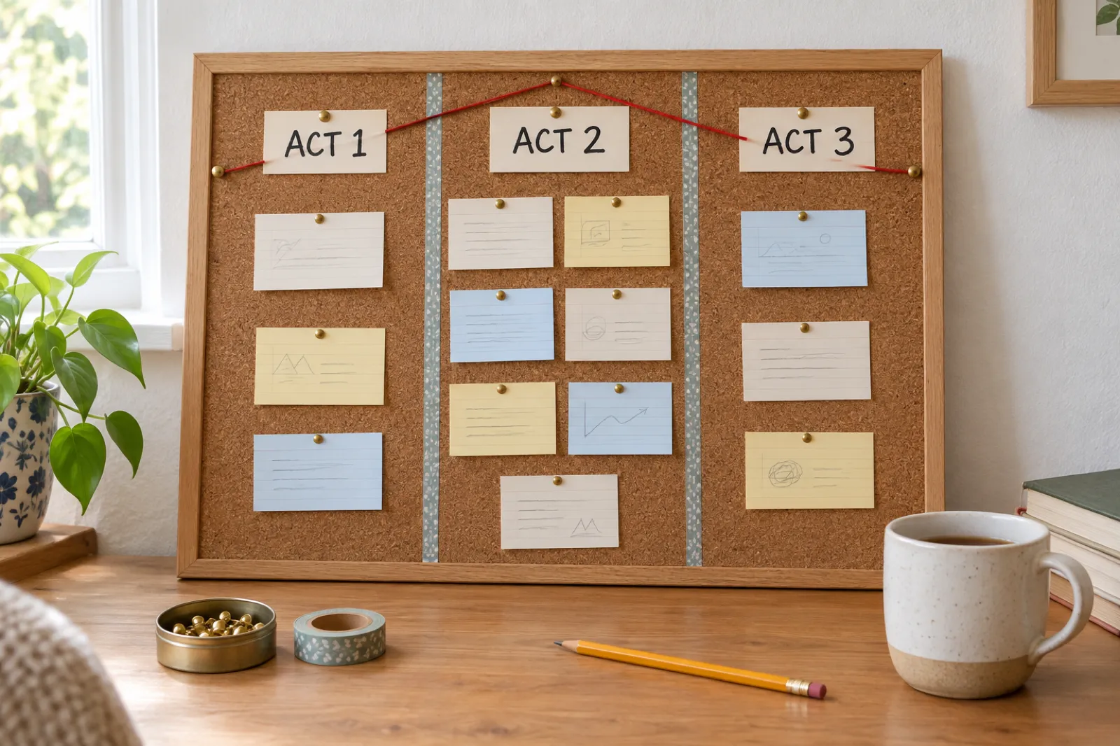A cork pinboard divided into three columns headed Act 1, Act 2 and Act 3, with index cards pinned in each column, more in the middle one, and a red string rising and falling across the top.