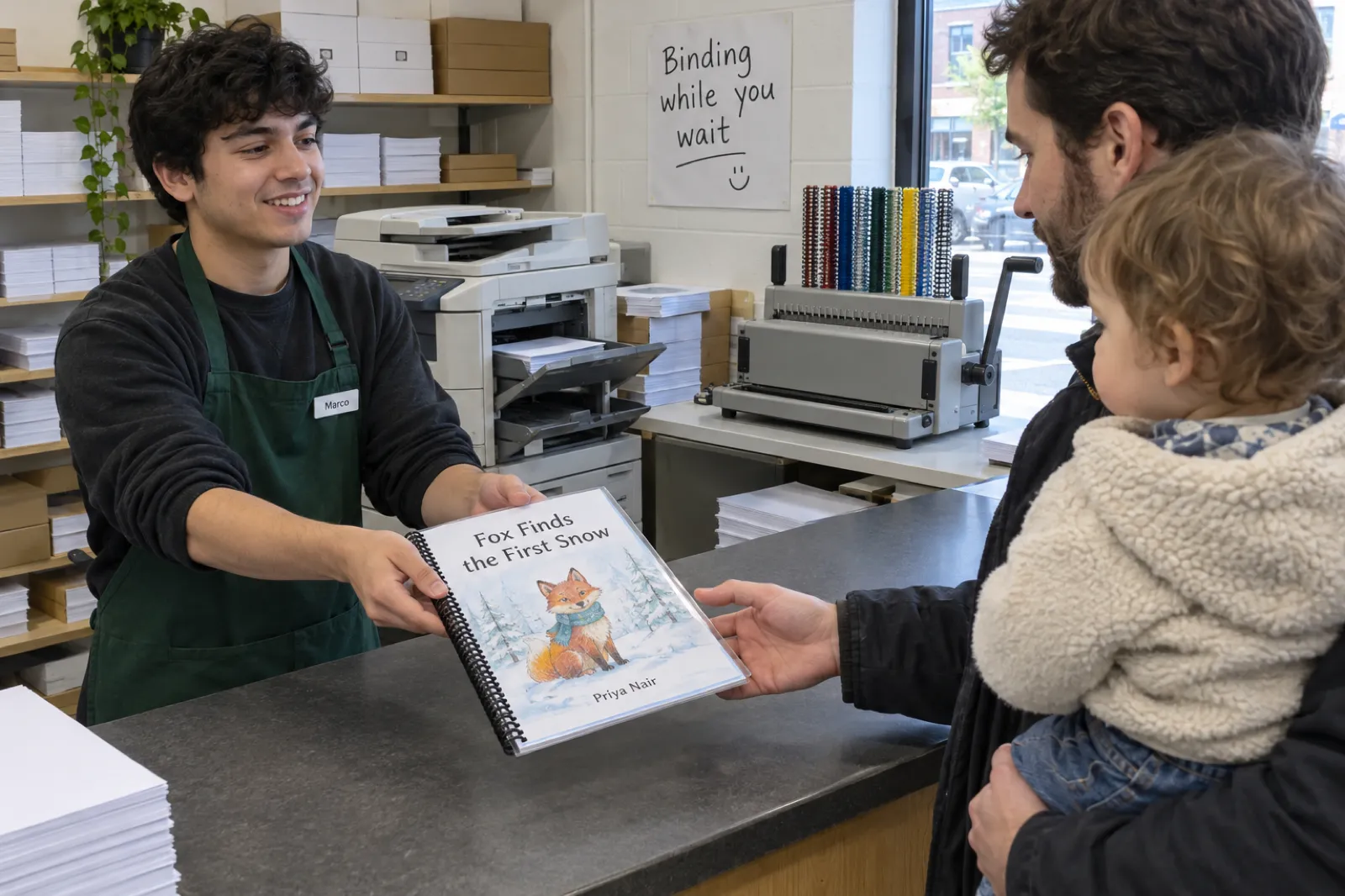A copy shop worker named Marco slides a freshly coil-bound book, Fox Finds the First Snow by Priya Nair, with a clear plastic cover across the counter to a young father holding a toddler, with a copier and a coil binding machine behind him