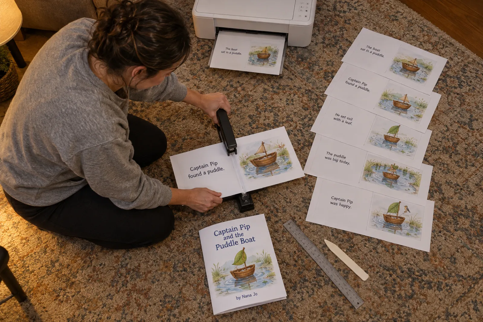 Overhead view of a woman kneeling on a living room rug stapling the fold of a printed booklet with a long-reach stapler, a small home printer beside her and printed sheets fanned out; the finished booklet reads Captain Pip and the Puddle Boat by Nana Jo