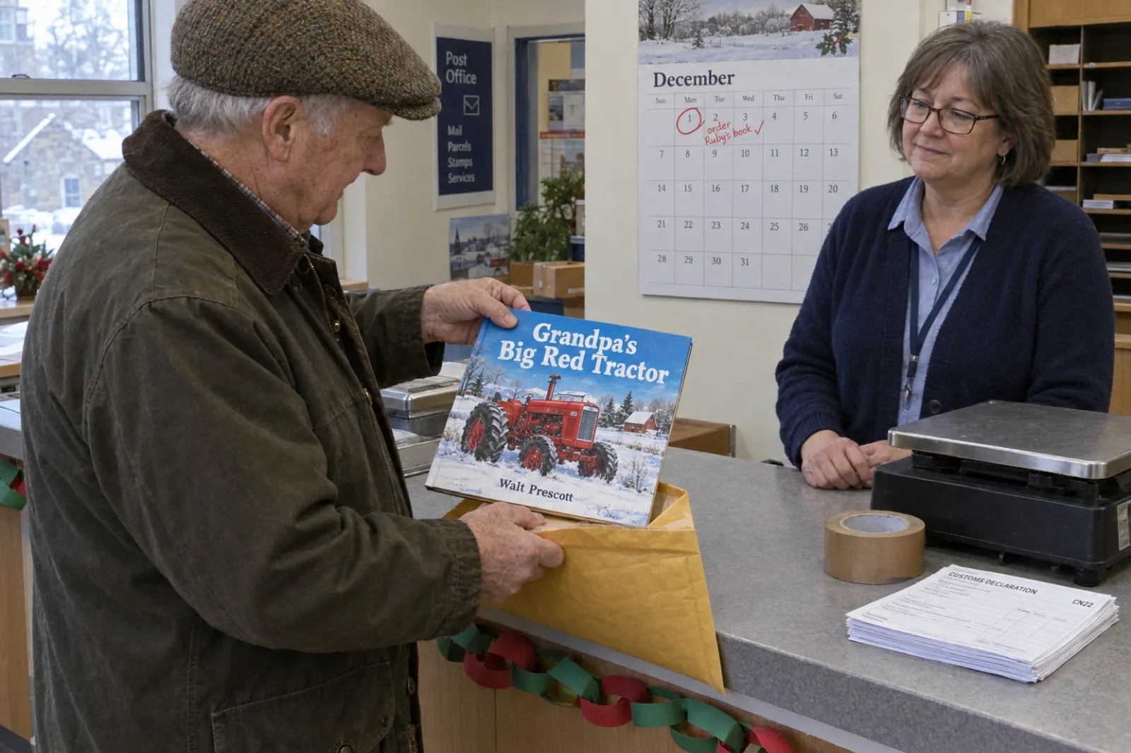 An older man in a flat cap at a post office counter slides a square picture book, Grandpa's Big Red Tractor by Walt Prescott, into a padded envelope while the clerk waits by a parcel scale; a December wall calendar behind them has the 1st circled with order Ruby's book