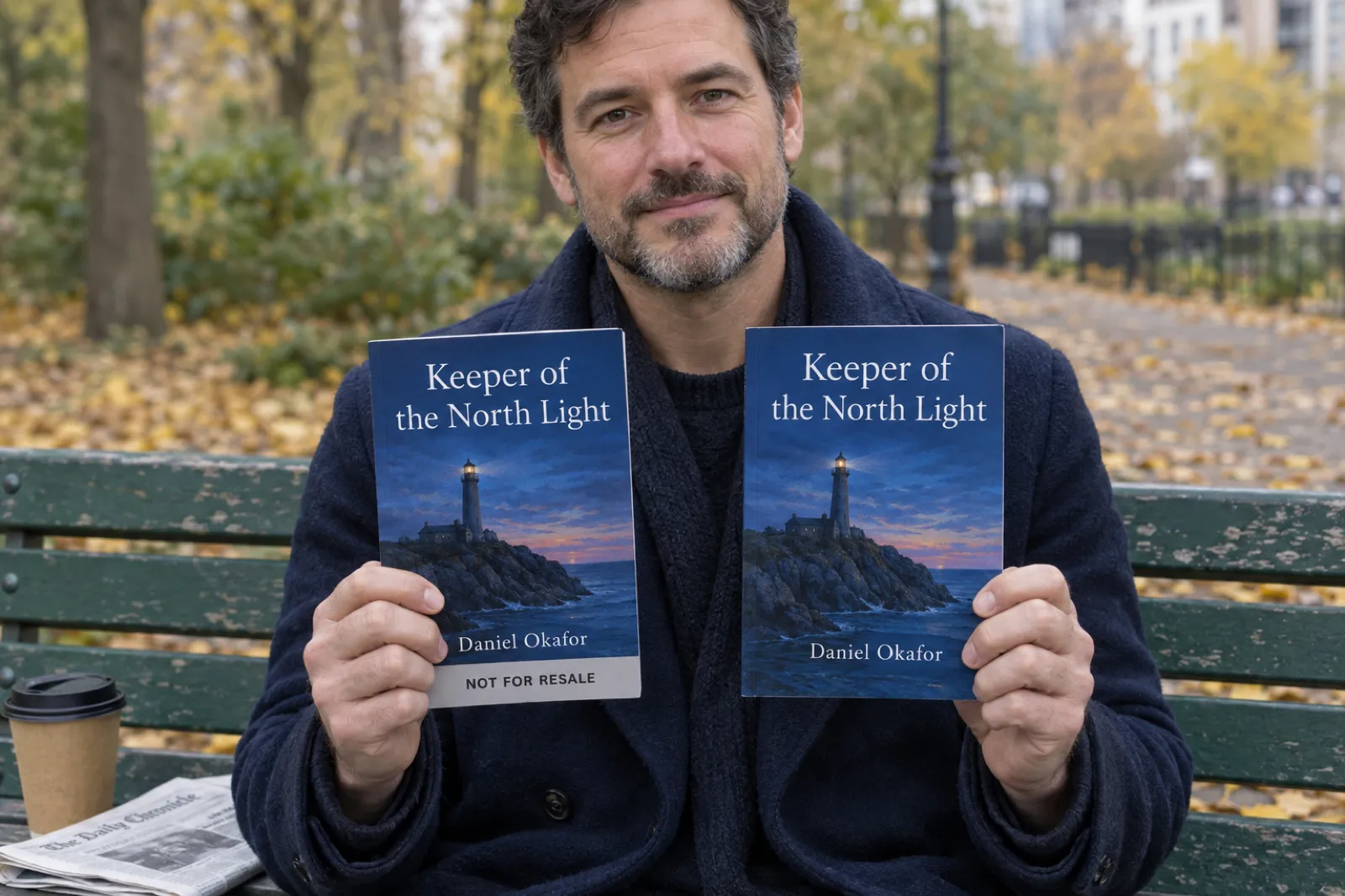 A man on a park bench in autumn holds two copies of the same paperback, Keeper of the North Light by Daniel Okafor; the copy in his left hand has a grey Not for Resale band across the bottom of the cover and the one in his right hand does not