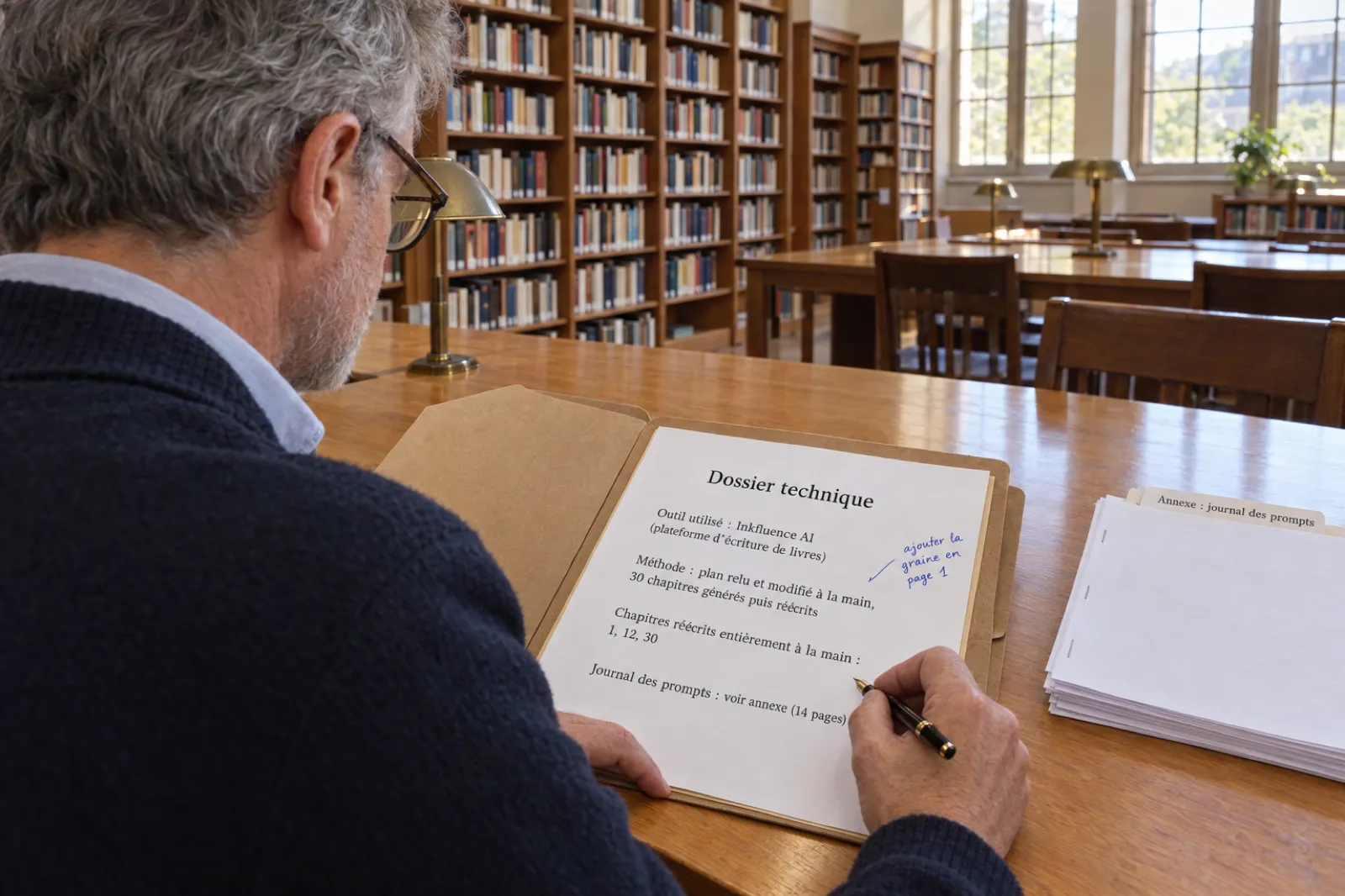 Over-the-shoulder view of a grey-haired man in a library reading room annotating a typed sheet titled Dossier technique that reads Outil utilisé : Inkfluence AI (plateforme d'écriture de livres), Méthode : plan relu et modifié à la main, 30 chapitres générés puis réécrits, Chapitres réécrits entièrement à la main : 1, 12, 30, Journal des prompts : voir annexe (14 pages), with a handwritten margin note ajouter la graine en page 1 and a stapled annex labelled Annexe : journal des prompts