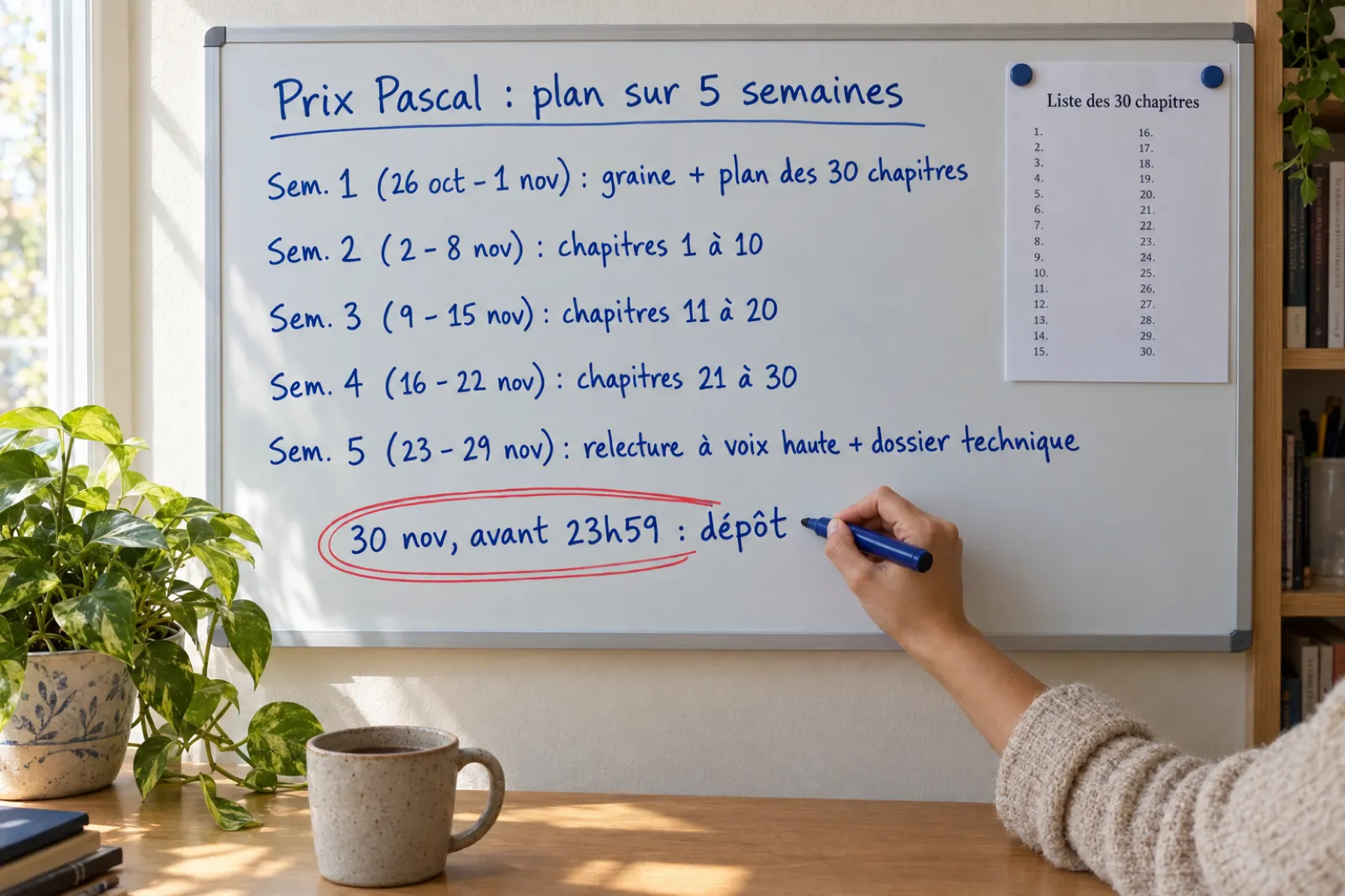 A whiteboard in a sunny home office with a handwritten plan titled Prix Pascal : plan sur 5 semaines: Sem. 1 (26 oct - 1 nov) graine + plan des 30 chapitres, Sem. 2 (2 - 8 nov) chapitres 1 à 10, Sem. 3 (9 - 15 nov) chapitres 11 à 20, Sem. 4 (16 - 22 nov) chapitres 21 à 30, Sem. 5 (23 - 29 nov) relecture à voix haute + dossier technique, and circled in red 30 nov, avant 23h59 : dépôt, with a printed list of 30 chapters pinned in the corner