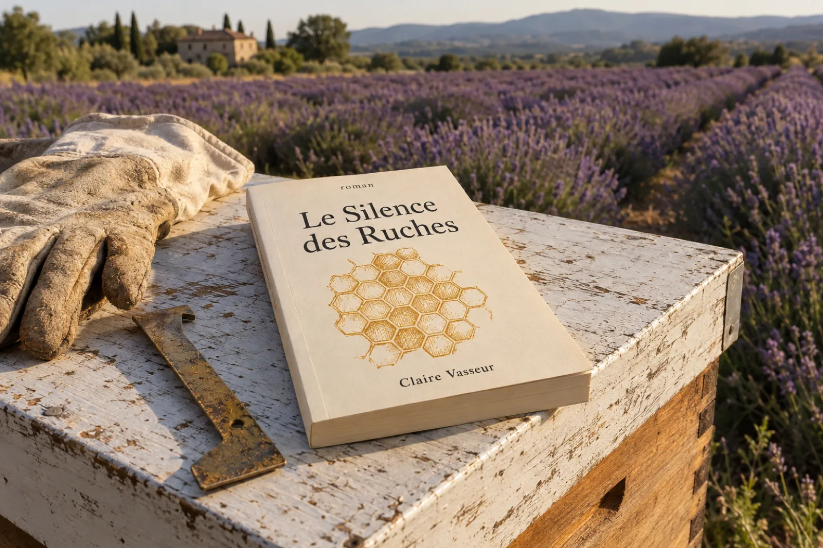A paperback proof copy of a French novel titled Le Silence des Ruches, roman, by Claire Vasseur, with a hand-drawn ochre honeycomb on its cream cover, lying on the white-painted lid of a beehive beside a beekeeper's canvas glove and a brass hive tool, rows of lavender in a Provence field behind it in late-afternoon sun