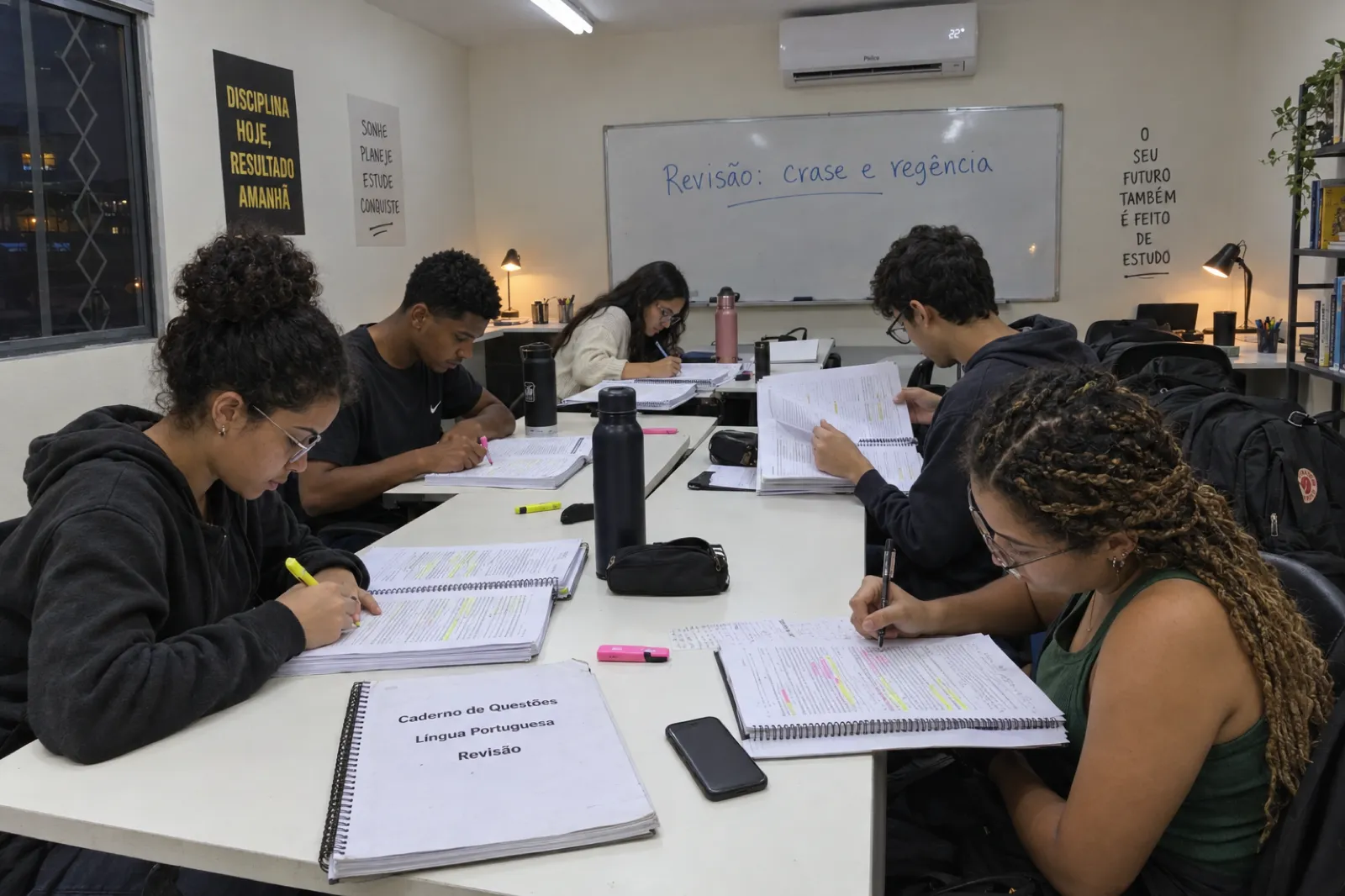 Sala de um cursinho preparatório à noite, com luz fluorescente e luminárias de mesa. Seis jovens estudam em mesas brancas compridas com apostilas espiraladas grossas, marcando linhas com marca-texto amarelo e rosa; uma das capas sobre a mesa diz Caderno de Questões, Língua Portuguesa, Revisão. No quadro branco ao fundo está escrito Revisão: crase e regência, e nas paredes há cartazes com frases de incentivo ao estudo. Mochilas nas cadeiras e garrafas de água sobre as mesas.