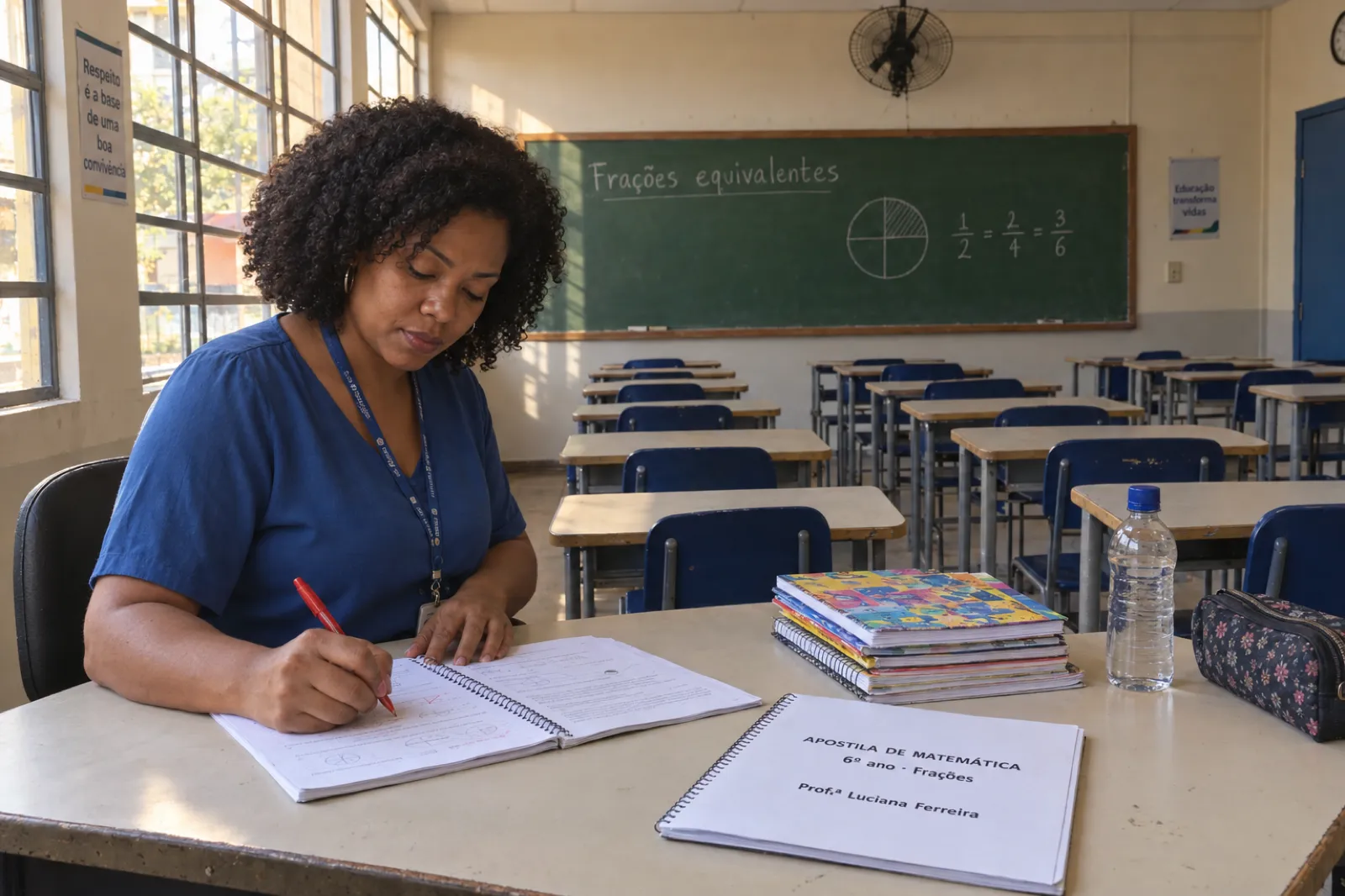 Professora negra de cabelo cacheado, de blusa azul e crachá, sentada à mesa do professor numa sala de aula de escola pública vazia no fim da tarde, corrigindo com caneta vermelha uma apostila espiralada aberta. Ao lado, outra cópia fechada com a capa Apostila de Matemática, 6º ano, Frações, Prof.ª Luciana Ferreira, uma pilha de cadernos de alunos e uma garrafa de água. Ao fundo, carteiras escolares, ventilador de teto e um quadro verde com o desenho de um círculo dividido em quatro partes, as frações 1/2 = 2/4 = 3/6 e as palavras Frações equivalentes, e cartazes na parede com as frases Respeito é a base de uma boa convivência e Educação transforma vidas.
