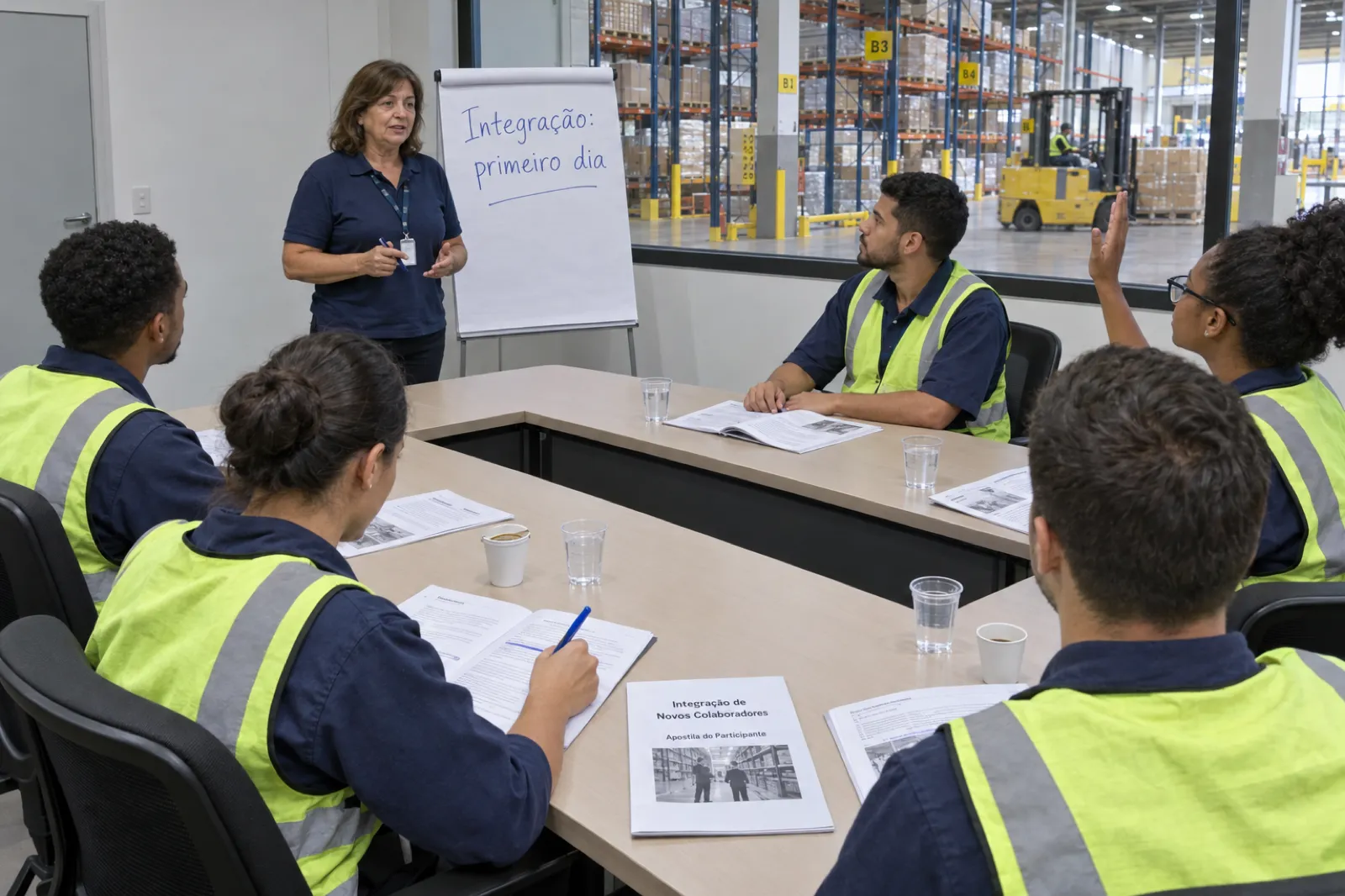 Sala de reunião dentro de um centro de distribuição, com janela interna mostrando prateleiras e uma empilhadeira. Uma instrutora de camisa polo fica ao lado de um flip chart onde está escrito Integração: primeiro dia. Cinco novos colaboradores de uniforme azul-marinho e colete refletivo, sentados numa mesa em U, acompanham uma apostila grampeada cuja capa diz Integração de Novos Colaboradores, Apostila do Participante; um sublinha com caneta azul e outro levanta a mão.