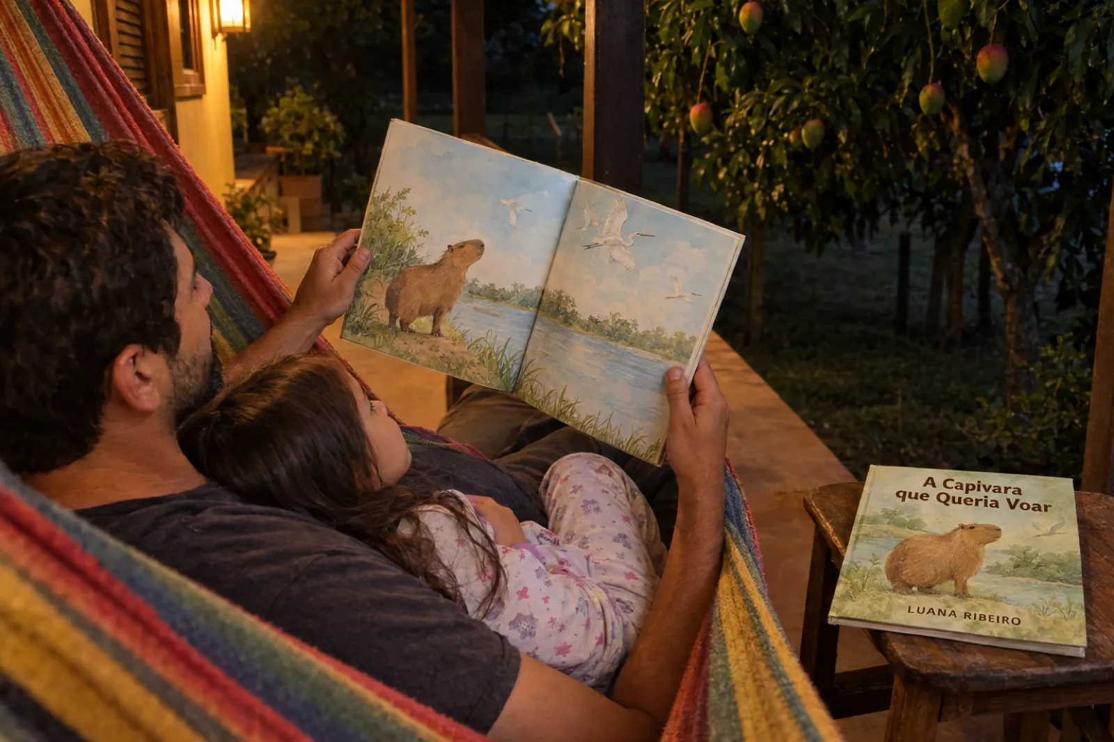 À noite, na varanda de uma casa no interior de São Paulo, um pai e a filha de uns cinco anos, de pijama, estão deitados numa rede listrada olhando um livro infantil ilustrado aberto, com uma capivara na beira do rio olhando garças voando; num banquinho de madeira ao lado, outro exemplar com a capa A Capivara que Queria Voar e o nome Luana Ribeiro embaixo da capivara.