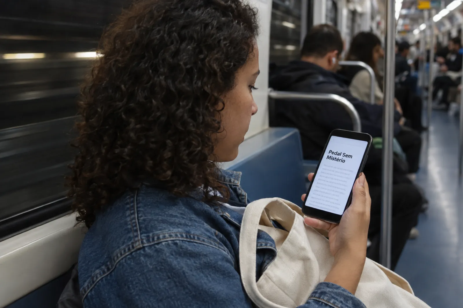 Dentro de um vagão do metrô de São Paulo no começo da noite, uma mulher de cabelo cacheado e jaqueta jeans lê no celular um livro chamado Pedal Sem Mistério, com a bolsa no colo e outros passageiros desfocados ao fundo.