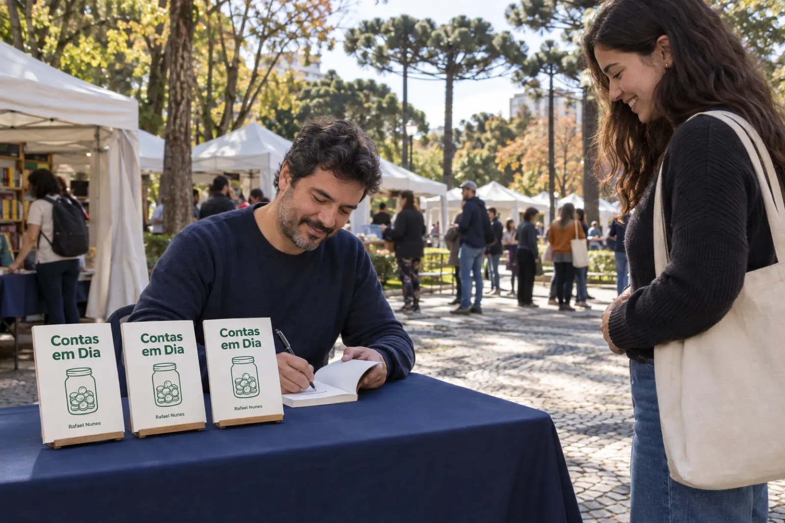 Numa feira de livros ao ar livre numa praça arborizada de Curitiba, numa tarde de sol, um autor de uns quarenta anos sentado a uma mesa dobrável com toalha azul autografa um exemplar para uma leitora sorridente; na mesa, três exemplares em pé em suportes de madeira, de capa branca com um desenho verde de um pote de moedas, título Contas em Dia e nome do autor Rafael Nunes; ao fundo, tendas brancas e araucárias.