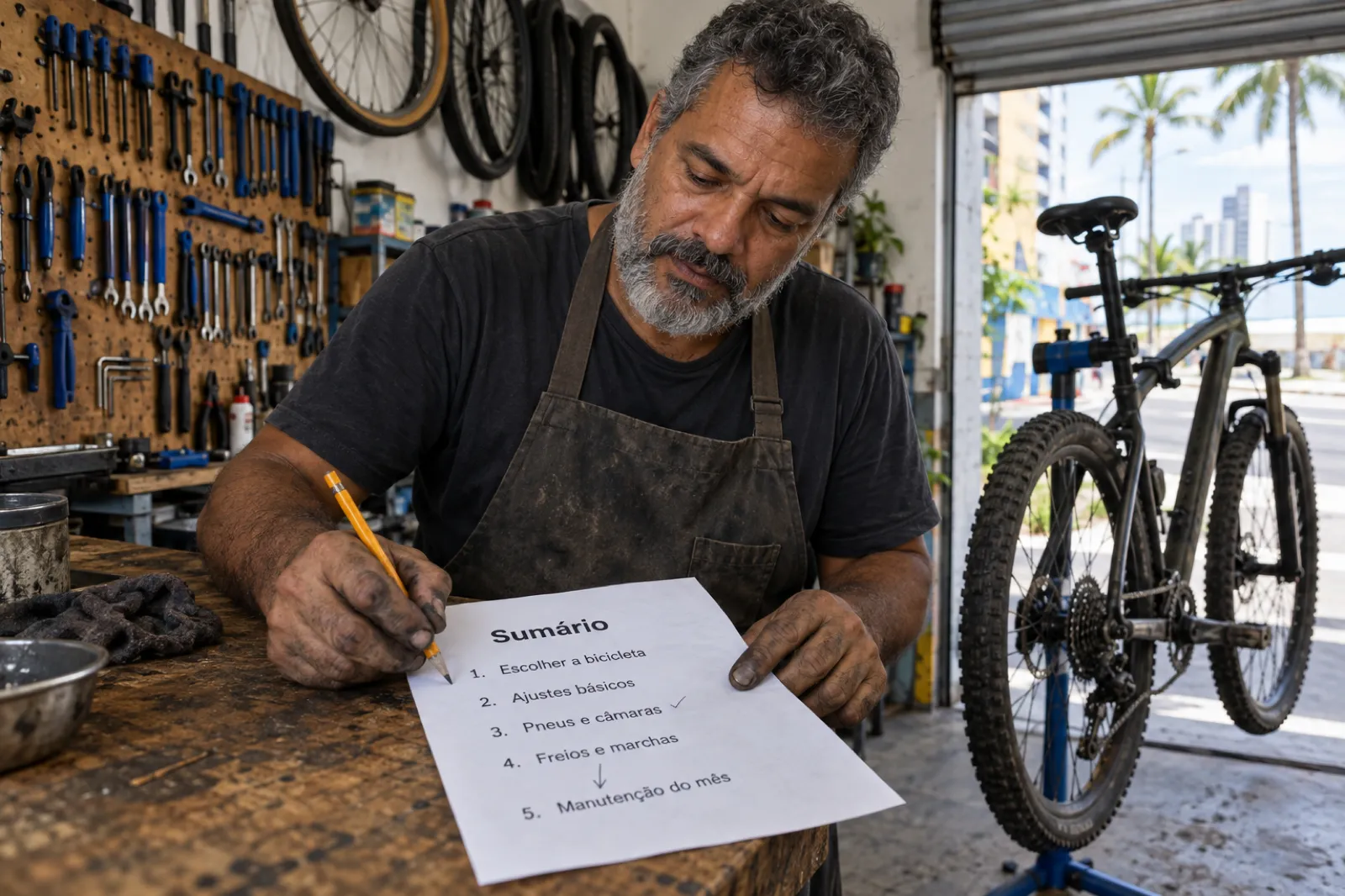 Numa oficina de bicicletas no Recife, um homem de barba grisalha e avental de trabalho, apoiado na bancada, marca a lápis uma folha impressa com o título Sumário e cinco capítulos numerados: Escolher a bicicleta, Ajustes básicos, Pneus e câmaras, Freios e marchas, Manutenção do mês; ao fundo, rodas penduradas na parede e uma bicicleta no suporte de conserto.