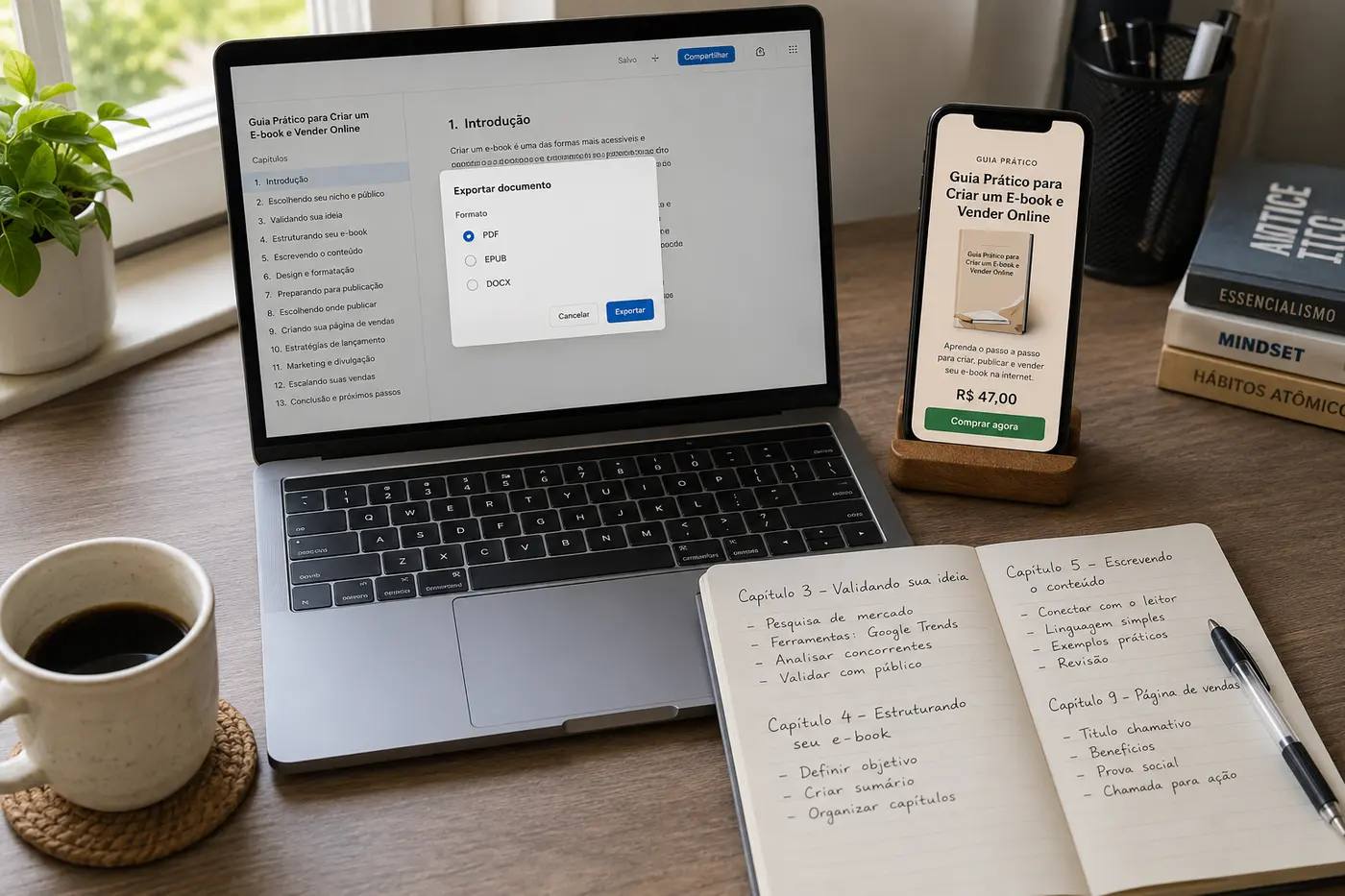 Mesa de trabalho com um notebook exibindo um aplicativo de escrita em português, com a lista de treze capítulos de um guia prático para criar e vender ebook e a janela de exportação aberta com PDF selecionado entre PDF, EPUB e DOCX. Ao lado, um celular mostra a página de venda do ebook por R$ 47,00 com botão comprar agora, além de um caderno com anotações de capítulos à mão e uma xícara de café.