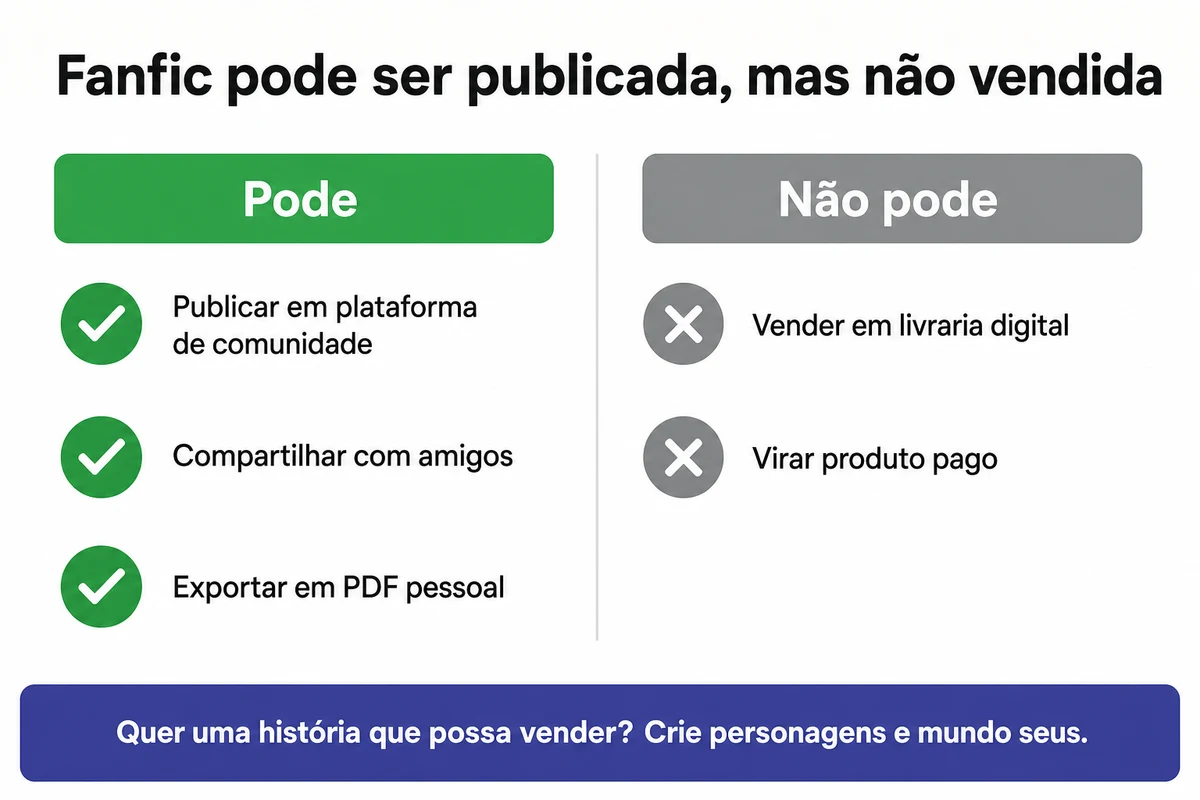 Infográfico com o título fanfic pode ser publicada, mas não vendida. Na coluna pode: publicar em plataforma de comunidade, compartilhar com amigos e exportar em PDF pessoal. Na coluna não pode: vender em livraria digital e virar produto pago. No rodapé, a orientação de criar personagens e mundo próprios para quem quer uma história que possa ser vendida.