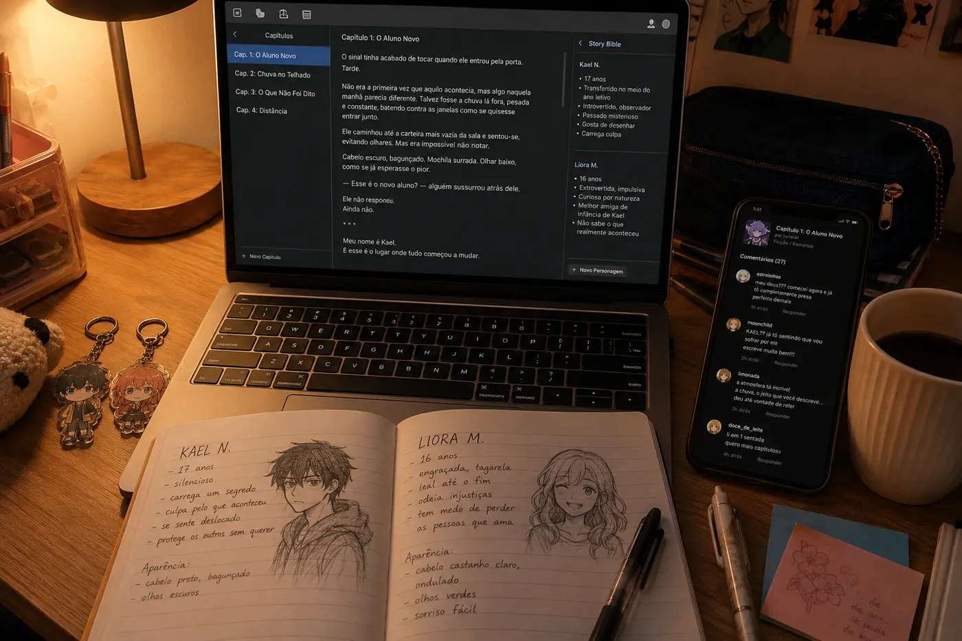 Escrivaninha com luminária acesa e um notebook mostrando um aplicativo de escrita em português, com a lista de capítulos de uma fanfic e um painel Story Bible descrevendo os personagens Kael e Liora. Ao lado, um celular exibe os comentários dos leitores na plataforma, um caderno aberto traz fichas de personagem desenhadas à mão e chaveiros de anime completam a mesa.