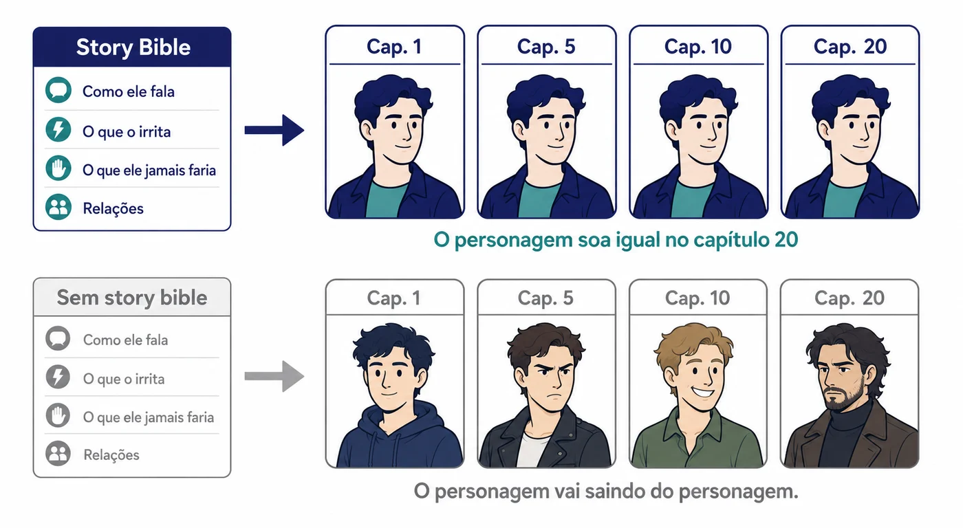 Diagrama em duas faixas. Na de cima, a story bible reúne como o personagem fala, o que o irrita, o que ele jamais faria e suas relações, e alimenta os capítulos 1, 5, 10 e 20, nos quais o personagem aparece sempre igual, com a legenda o personagem soa igual no capítulo 20. Na faixa de baixo, sem story bible, o mesmo personagem muda de cabelo, roupa e expressão a cada capítulo, com a legenda o personagem vai saindo do personagem.