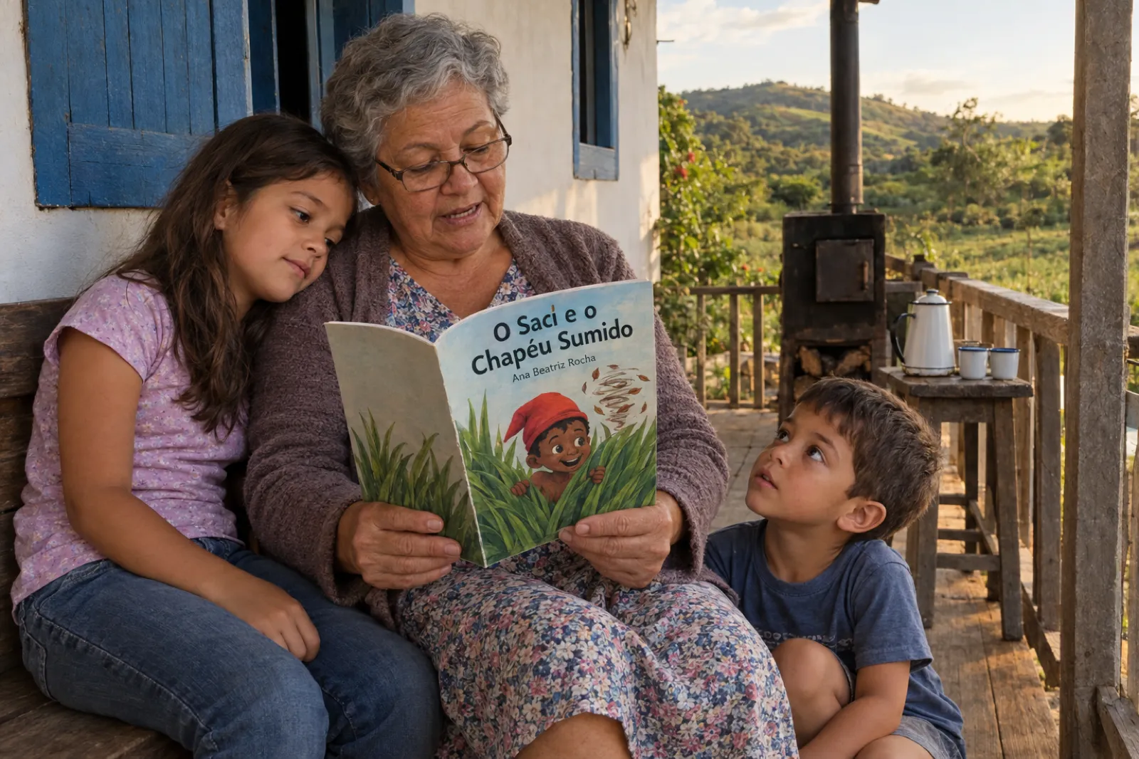 Na varanda de madeira de um sítio em Minas Gerais, no fim da tarde, uma avó de cabelo grisalho e óculos lê em voz alta um livreto infantil. A neta de uns oito anos encosta a cabeça no ombro dela e o neto menor, agachado ao lado, olha para cima com atenção. A capa mostra o Saci de gorro vermelho espiando de trás do capim alto, ao lado de um redemoinho de folhas, com o título O Saci e o Chapéu Sumido e o nome Ana Beatriz Rocha. Ao fundo, um fogão a lenha, um bule esmaltado com duas canecas e morros verdes.