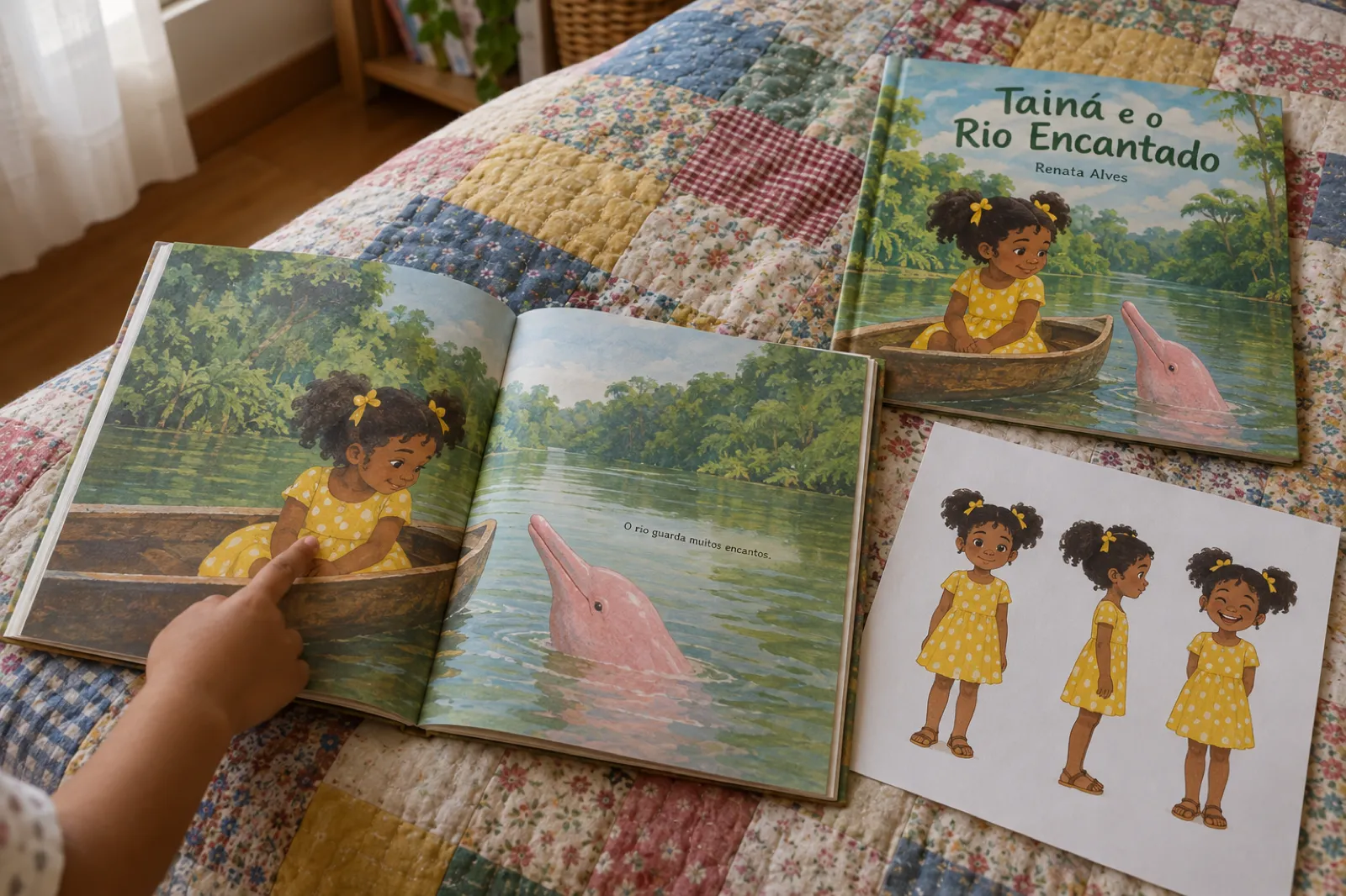 Livro infantil ilustrado quadrado aberto sobre uma colcha de retalhos, com a pintura de uma menina de pele morena, cabelo crespo preso com fitas amarelas e vestido amarelo de bolinhas, sentada numa canoa num rio verde da Amazônia ao lado de um boto-cor-de-rosa. Uma mãozinha de criança aponta para a menina. Ao lado estão a capa do mesmo livro, Tainá e o Rio Encantado, de Renata Alves, com a mesma personagem, e uma ficha impressa com a menina desenhada de frente, de perfil e sorrindo.