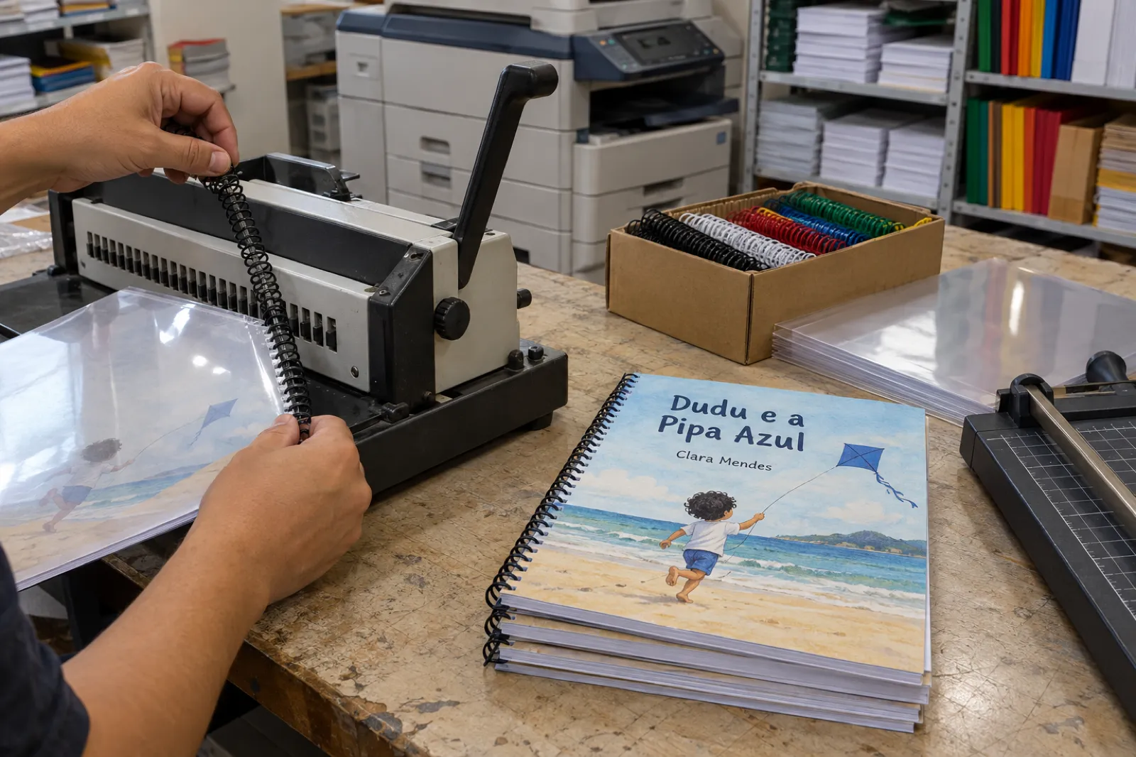 No balcão de uma papelaria de bairro, duas mãos passam uma espiral preta numa encadernadora manual, prendendo um livreto com capa de plástico transparente. Ao lado, uma pilha de livretos prontos com capa de um menino correndo na praia com uma pipa azul, título Dudu e a Pipa Azul e nome Clara Mendes, uma caixa de espirais coloridas e uma guilhotina de papel. Ao fundo, desfocada, uma copiadora grande.