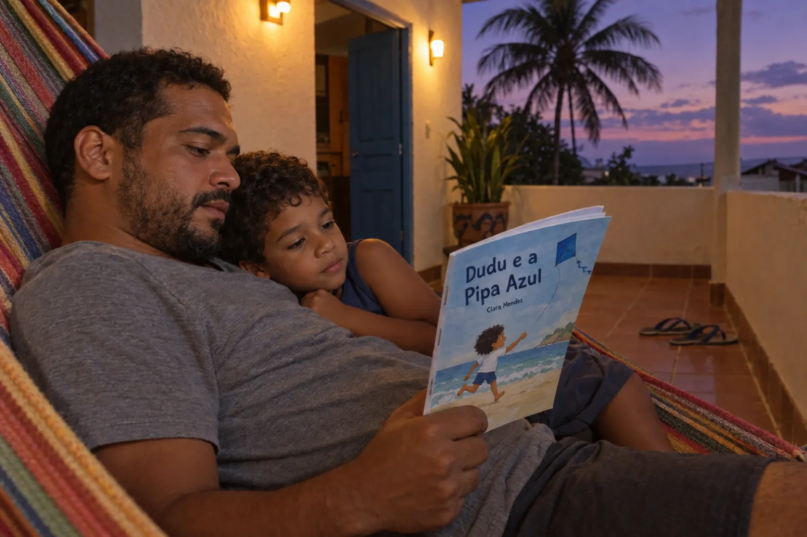 Ao anoitecer, na varanda de uma casa numa vila do litoral do Nordeste, um pai deitado numa rede listrada segura um livreto infantil enquanto o filho de uns cinco anos, encostado no peito dele, olha para a capa. Nela aparece um menino de cabelo cacheado correndo na praia com uma pipa azul, com o título Dudu e a Pipa Azul e o nome Clara Mendes. Atrás deles, uma porta azul de madeira, um par de chinelos no chão e um coqueiro contra o céu violeta.