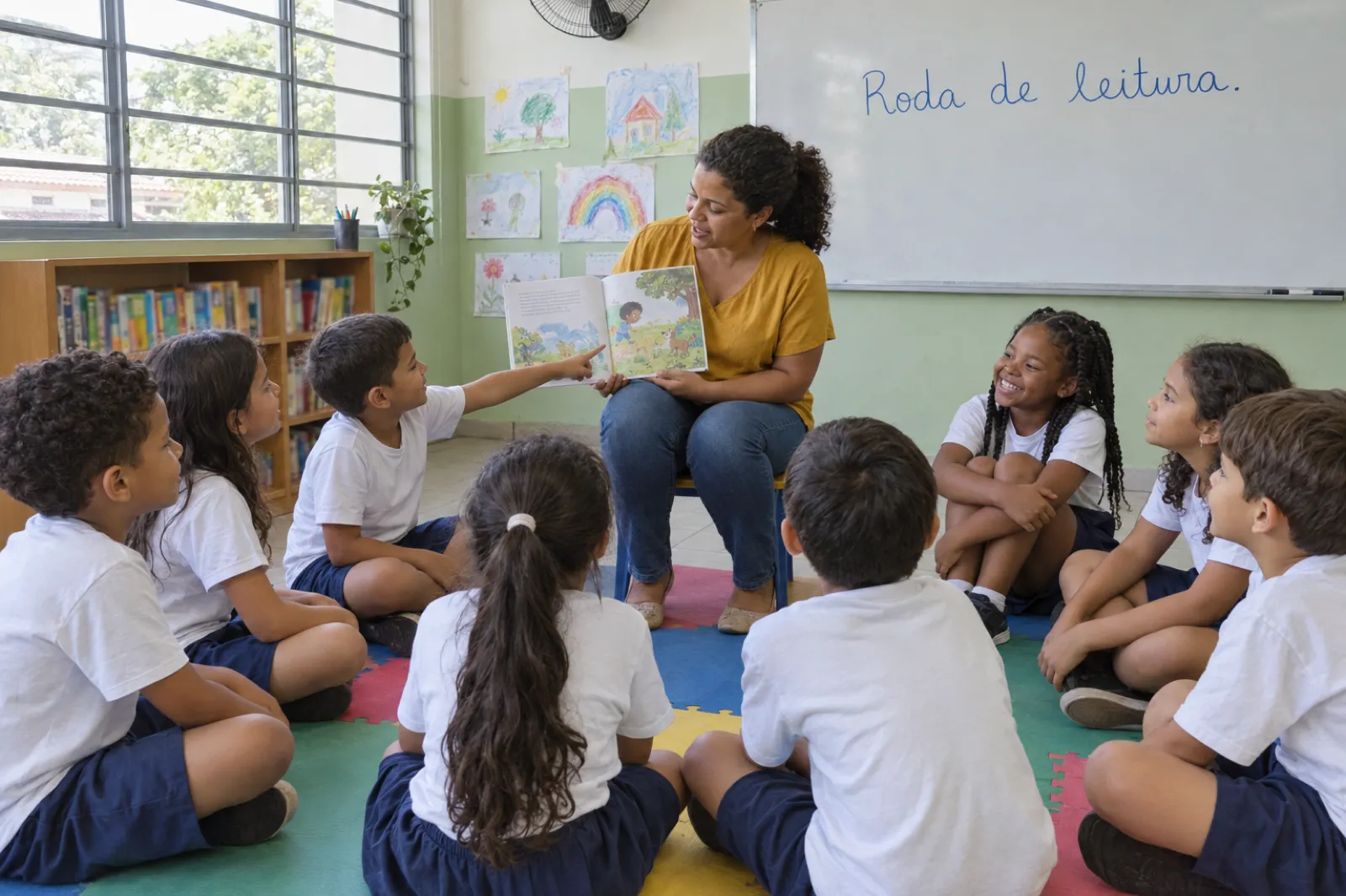 Numa sala de aula clara de escola municipal, uma professora de cabelo cacheado, sentada numa cadeirinha, mostra um livro infantil aberto para oito crianças de seis ou sete anos sentadas em roda sobre um tapete de EVA colorido, de camiseta branca. Um menino aponta para o livro, uma menina de tranças ri abraçando os joelhos, e no quadro branco está escrito Roda de leitura.