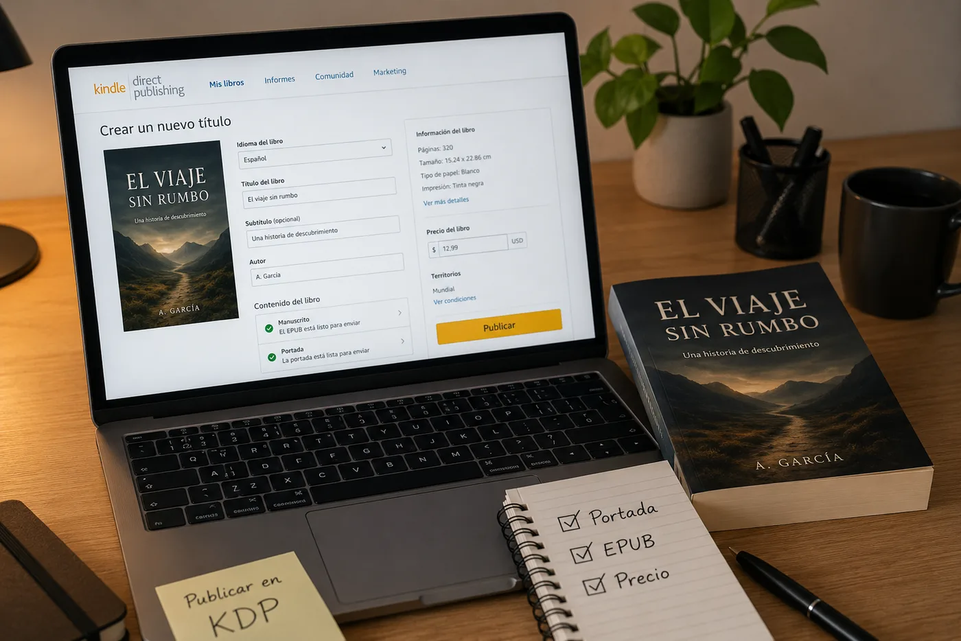 Autor publicando su libro en Amazon KDP: pantalla de crear un nuevo título en español con la ficha del libro El viaje sin rumbo, el libro impreso en tapa blanda al lado y una checklist escrita a mano con portada, EPUB y precio