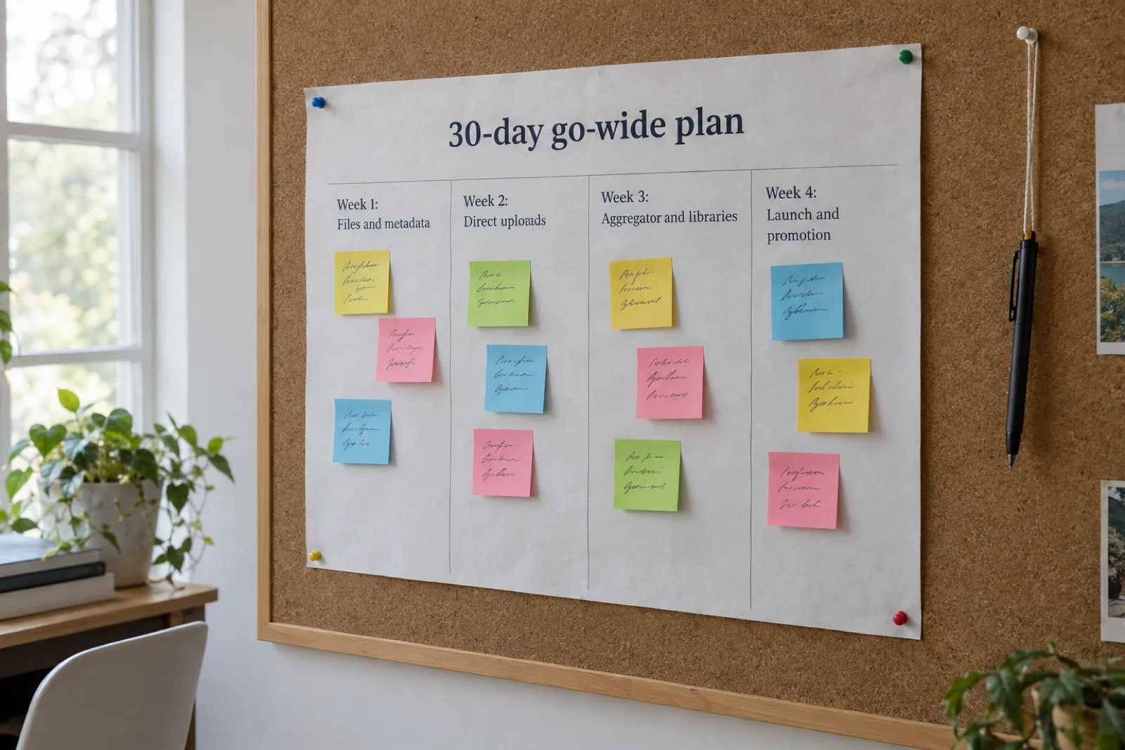 A paper wall planner titled 30-day go-wide plan with four columns: Week 1 files and metadata, Week 2 direct uploads, Week 3 aggregator and libraries, Week 4 launch and promotion