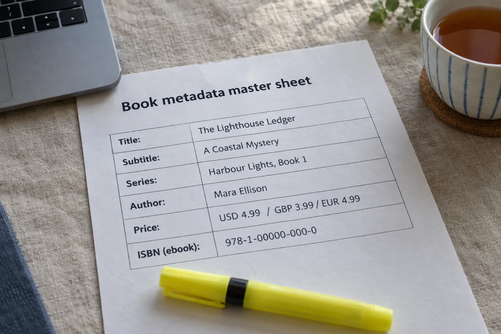 A printed book metadata master sheet with typed rows for title, subtitle, series, author, prices in three currencies and the ebook ISBN, beside a laptop and a highlighter