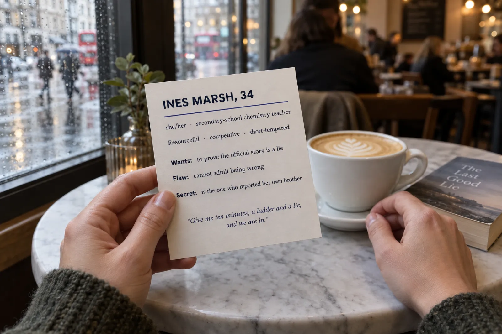 At a marble café table by a rainy window, a woman's hands hold up a printed character card that reads Ines Marsh, 34, she/her, secondary-school chemistry teacher; resourceful, competitive, short-tempered; wants to prove the official story is a lie; flaw: cannot admit being wrong; secret: is the one who reported her own brother; and the line Give me ten minutes, a ladder and a lie, and we are in.