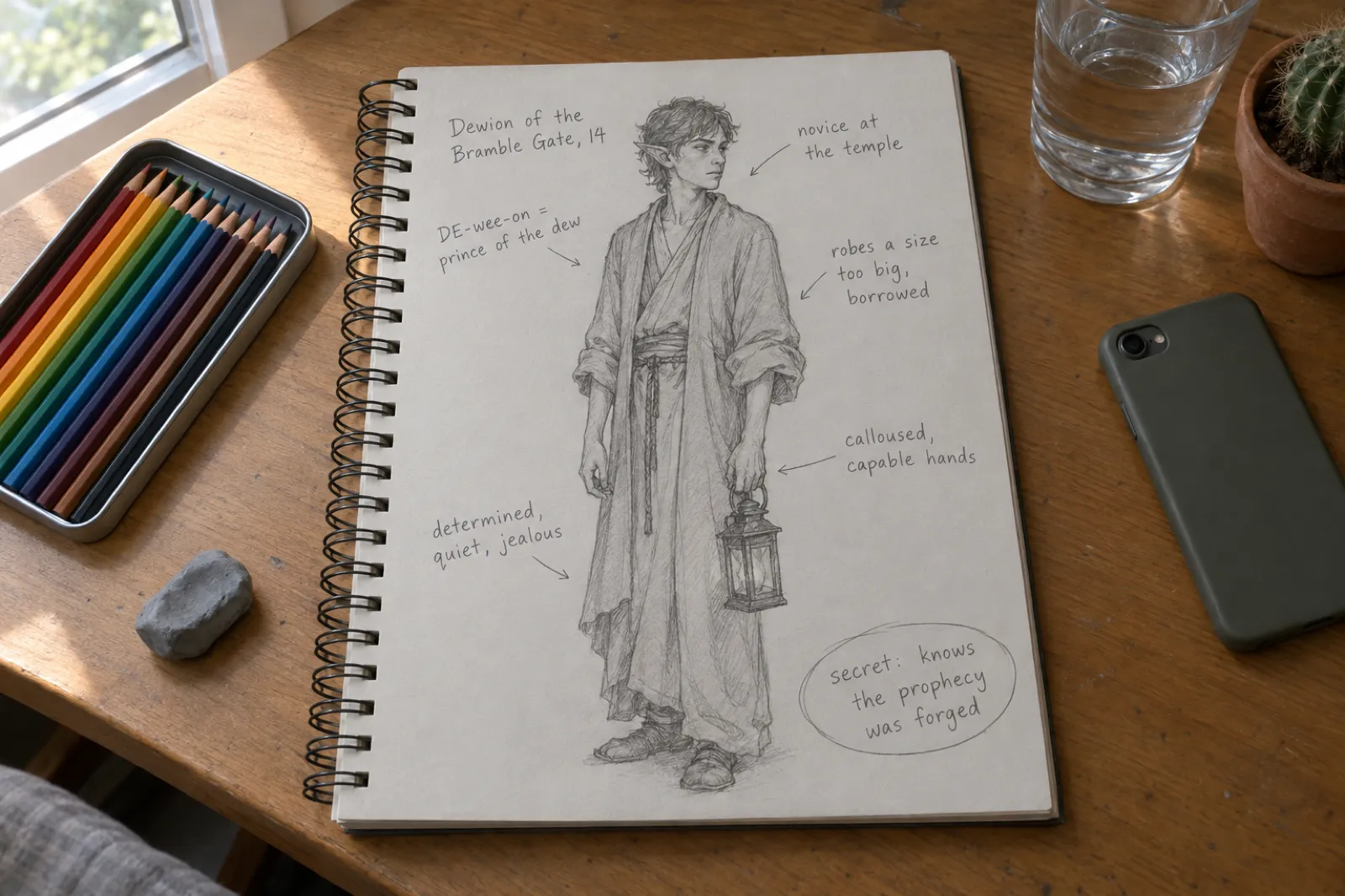 An open spiral sketchbook on a sunny desk with a pencil drawing of a slight teenage boy with pointed ears in oversized temple robes holding a lantern, labelled Dewion of the Bramble Gate, 14; novice at the temple; DE-wee-on equals prince of the dew; robes a size too big, borrowed; calloused, capable hands; determined, quiet, jealous; and circled, secret: knows the prophecy was forged.