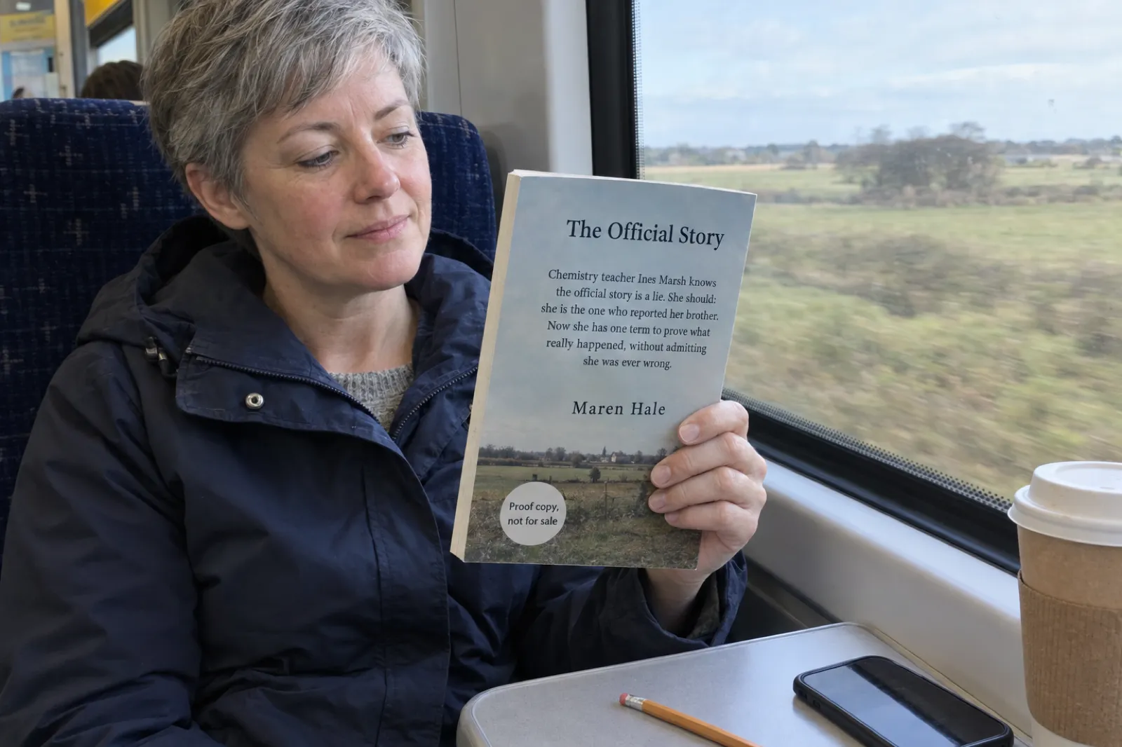 A woman with short grey hair in a navy raincoat reads on a train beside a window full of fields, holding a paperback proof whose cover reads The Official Story by Maren Hale, with the blurb: Chemistry teacher Ines Marsh knows the official story is a lie. She should: she is the one who reported her brother. Now she has one term to prove what really happened, without admitting she was ever wrong; a sticker says proof copy, not for sale.