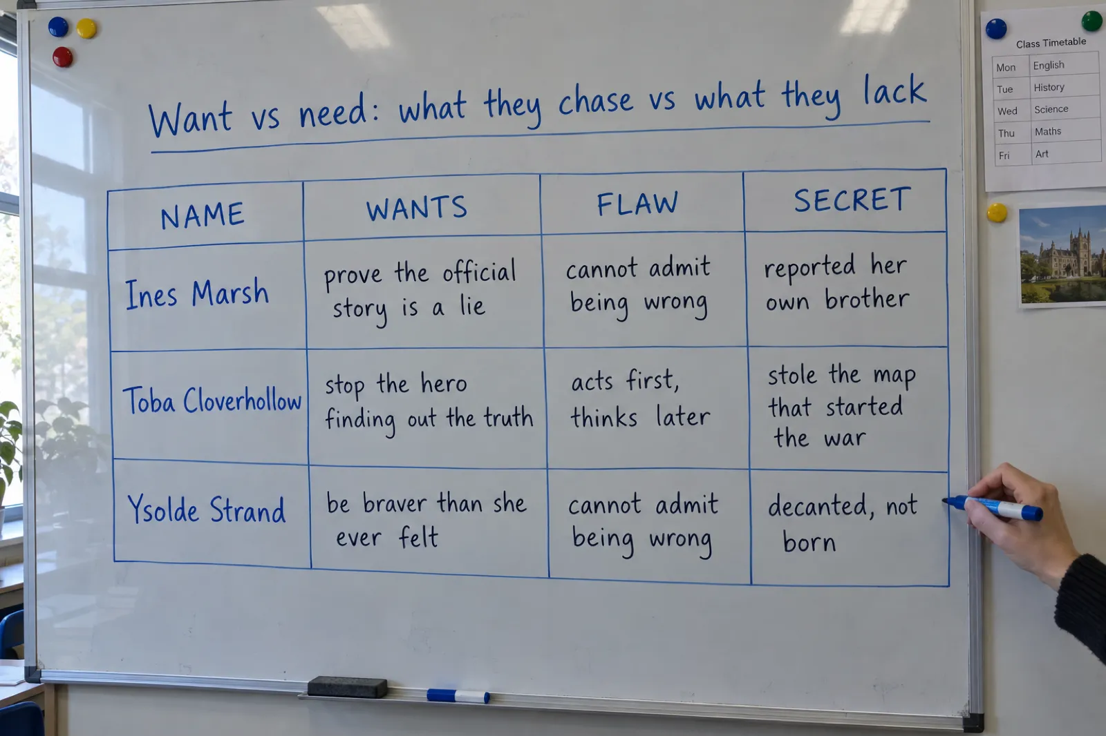 A classroom whiteboard headed Want vs need: what they chase vs what they lack, with a hand-drawn table of name, wants, flaw and secret: Ines Marsh, prove the official story is a lie, cannot admit being wrong, reported her own brother; Toba Cloverhollow, stop the hero finding out the truth, acts first thinks later, stole the map that started the war; Ysolde Strand, be braver than she ever felt, cannot admit being wrong, decanted not born.