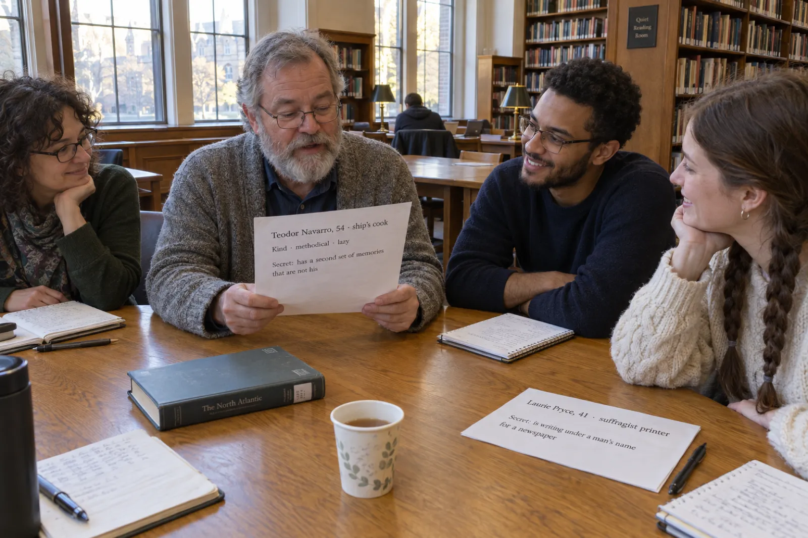 Four people at a writing group around a long oak table in a library reading room; a grey-bearded man in a cardigan reads aloud from a sheet that says Teodor Navarro, 54, ship's cook; kind, methodical, lazy; secret: has a second set of memories that are not his; a second sheet on the table reads Laurie Pryce, 41, suffragist printer; secret: is writing under a man's name for a newspaper.
