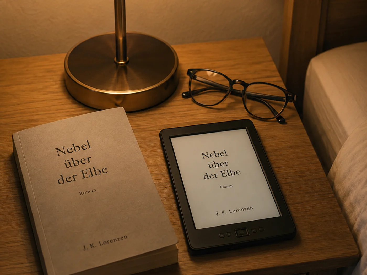 Ein Nachttisch mit Lampe, darauf ein deutschsprachiges Taschenbuch mit typografischem Cover, daneben ein E-Reader mit demselben Titel auf dem Bildschirm und eine Lesebrille, warmes Abendlicht.