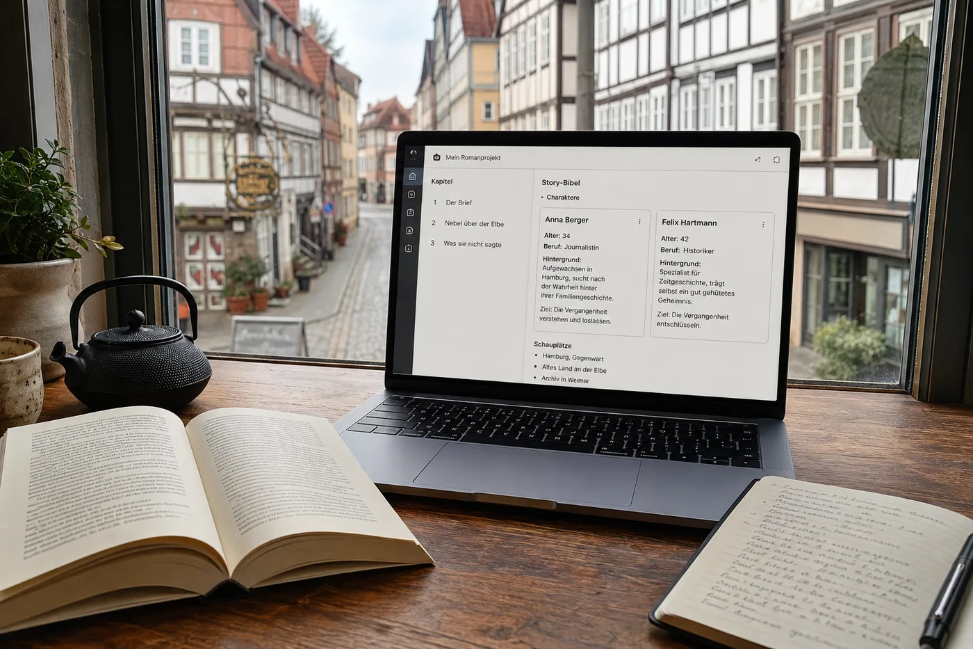 Ein Schreibtisch am Fenster mit Blick auf eine deutsche Altstadt, darauf ein Laptop mit einer deutschsprachigen Roman-App: links eine nummerierte Kapitelliste mit Titeln wie Der Brief, Nebel über der Elbe, Was sie nicht sagte, rechts ein Story-Bibel-Panel mit zwei Figurenkarten. Daneben ein aufgeschlagener Roman, eine Teekanne und ein Notizbuch.