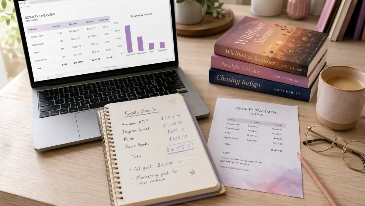 A self-published author's desk showing a laptop with a royalty spreadsheet, handwritten notes comparing Amazon KDP, IngramSpark, Kobo, and Apple Books earnings, a printed royalty statement, and a small stack of paperback books, illustrating how indie authors calculate per-sale royalties across platforms in 2026.