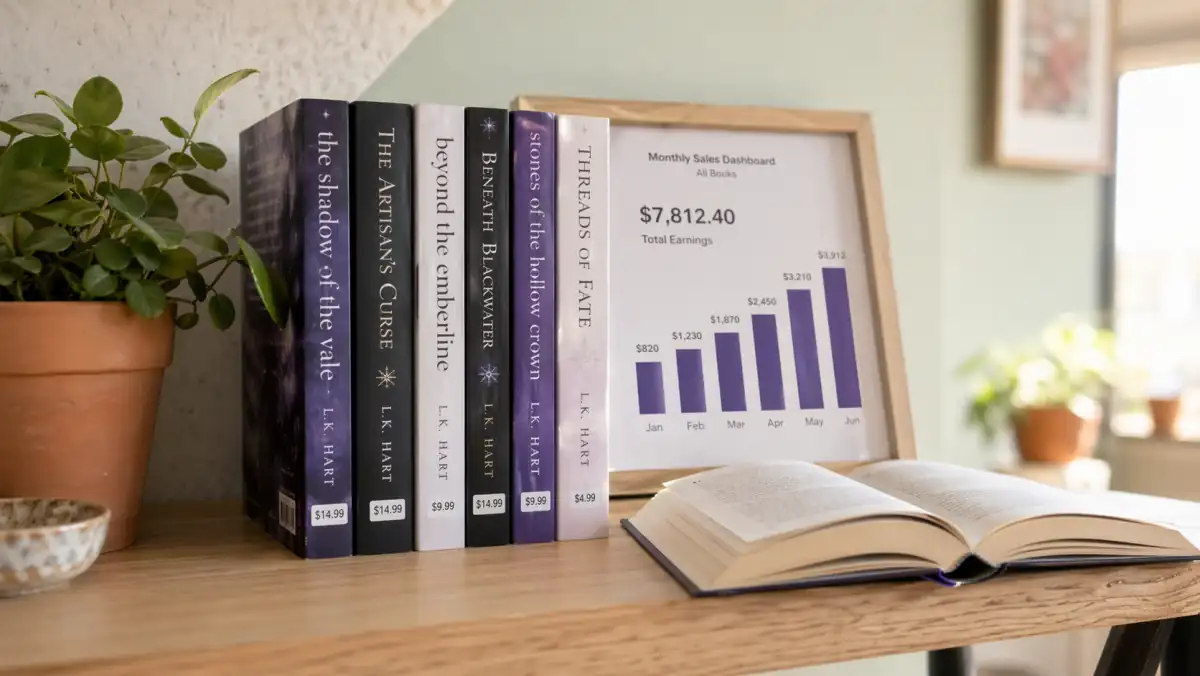 A self-publishing home nook with a stack of indie paperback books on a pale oak shelf, visible price stickers at $14.99, $9.99, and $4.99, a small framed dashboard printout showing ascending monthly royalty earnings bars, a plant in a terracotta pot, natural morning light, representing a successful self-published author's multi-format catalog in 2026.