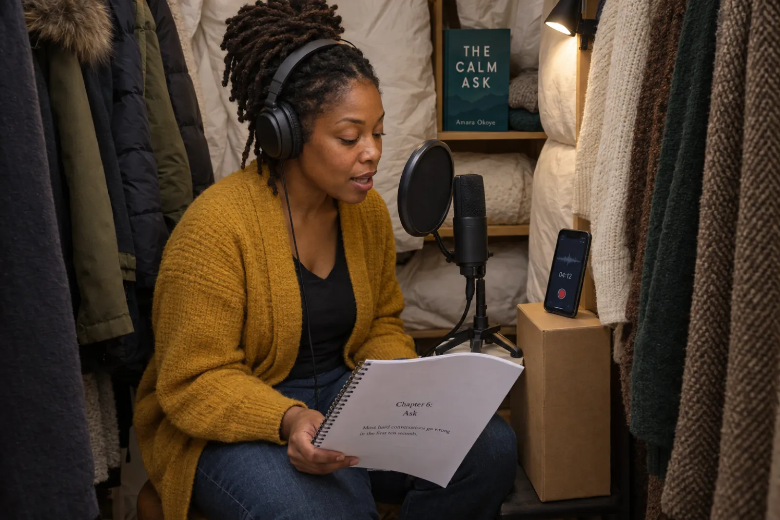 Author Amara Okoye sits in a walk-in wardrobe lined with winter coats, wearing headphones and reading her printed proof of The Calm Ask, open at Chapter 6, Ask, into a microphone with a pop filter, a phone timer reading 04:12