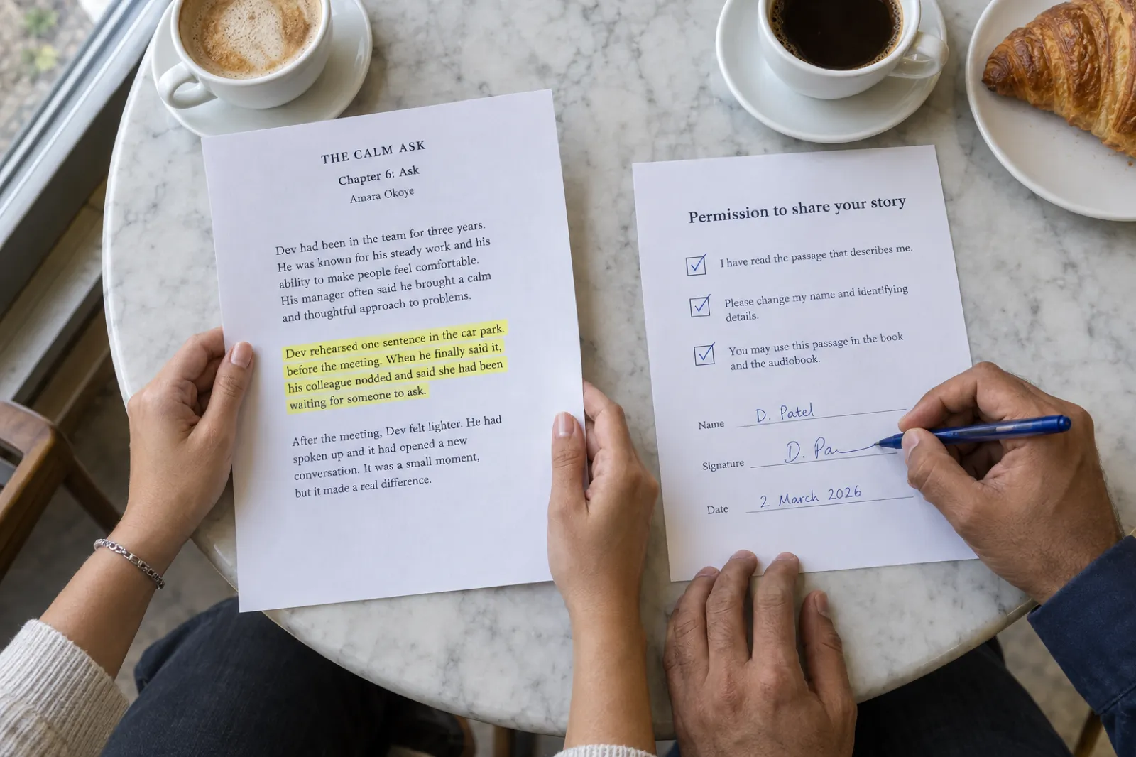 Overhead view of a cafe table where a former client signs a printed form headed Permission to share your story, with ticked boxes for having read the passage and changing his name, beside the printed chapter page from The Calm Ask by Amara Okoye with the passage highlighted