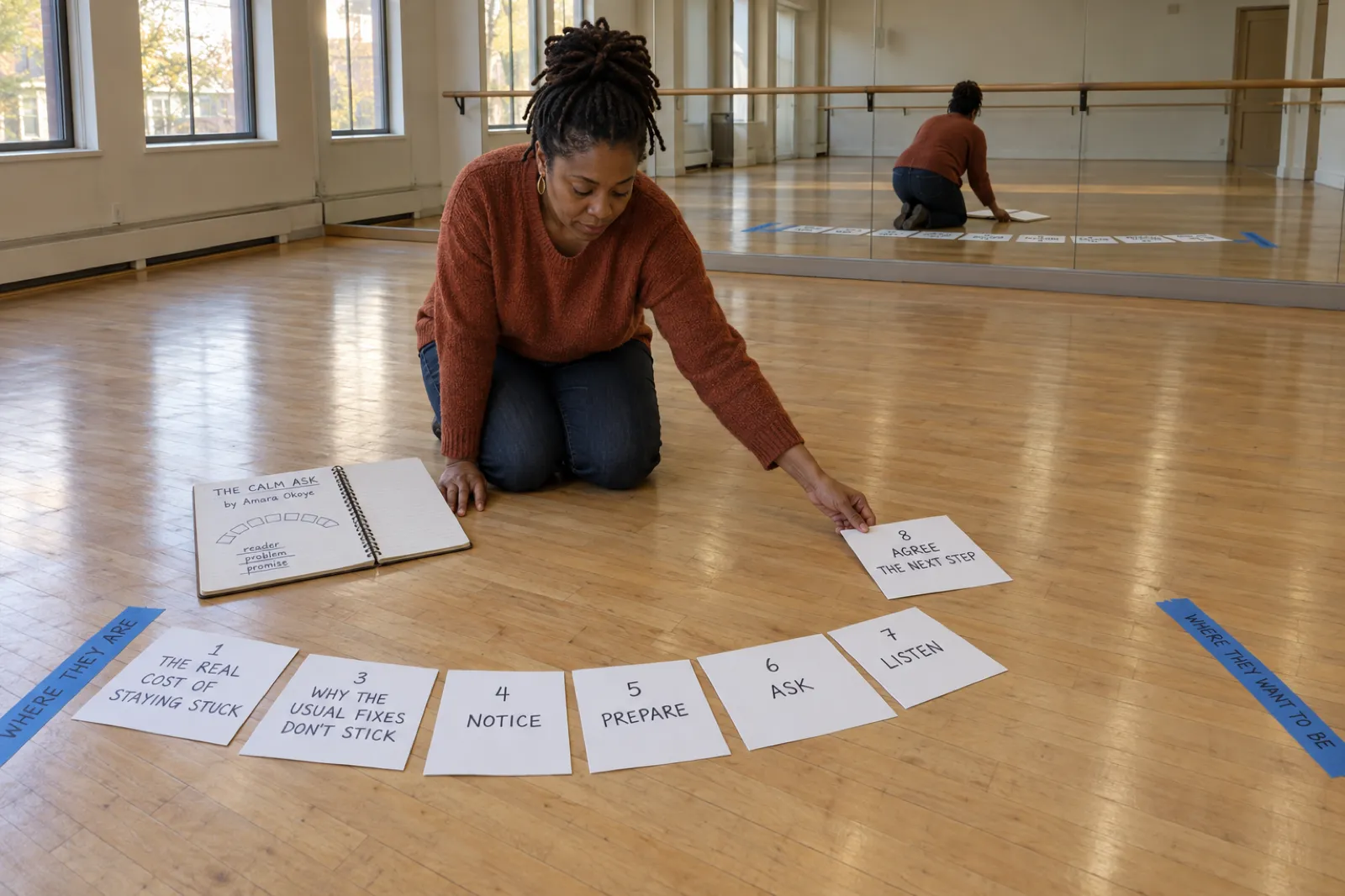 In an empty dance studio, life coach Amara Okoye kneels on the wooden floor laying out an arc of handwritten chapter cards for her book The Calm Ask, running from a tape label reading Where they are to one reading Where they want to be, with the arc reflected in the wall mirror