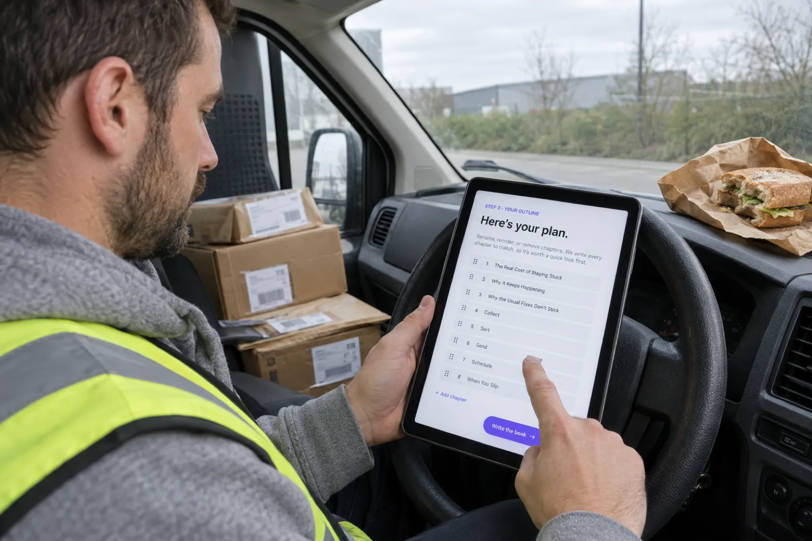 A self-employed courier on his lunch break in a parked delivery van holds a tablet against the steering wheel showing the Inkfluence AI outline step, Here's your plan, with chapters from The Real Cost of Staying Stuck through Collect, Sort, Send and Schedule to When You Slip, and a Write the book button