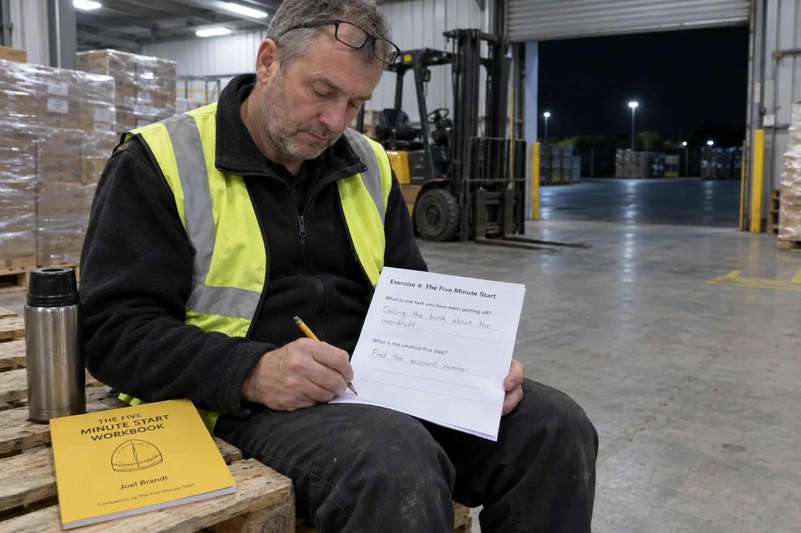 On a night shift break in a warehouse loading bay, a worker in a high-vis vest sits on a pallet filling in Exercise 4, The Five Minute Start, in pencil in The Five Minute Start Workbook by Joel Brandt, having written Calling the bank about the overdraft