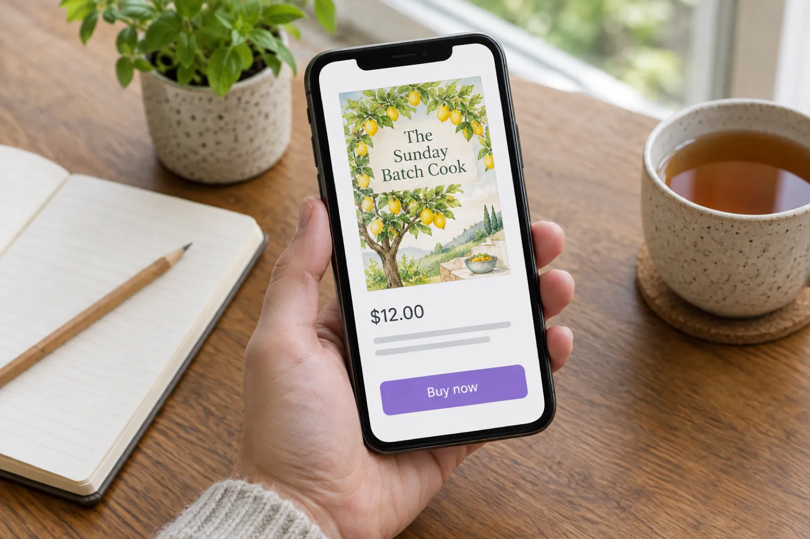 A hand holds a smartphone showing a simple shop product page for an invented ebook titled The Sunday Batch Cook with a watercolour lemon tree cover, the price $12.00 and a violet Buy now button, above a wooden table with an open notebook, a pencil, a potted herb and a cup of tea