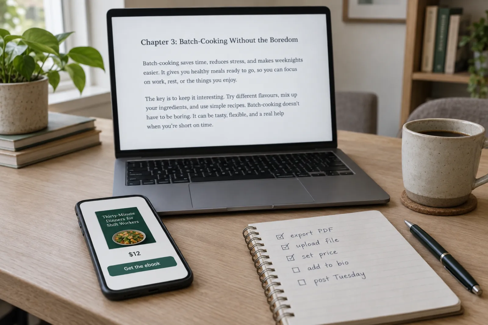 A desk with a laptop showing an ebook manuscript, a phone showing a product checkout page, and a notebook with a handwritten launch checklist