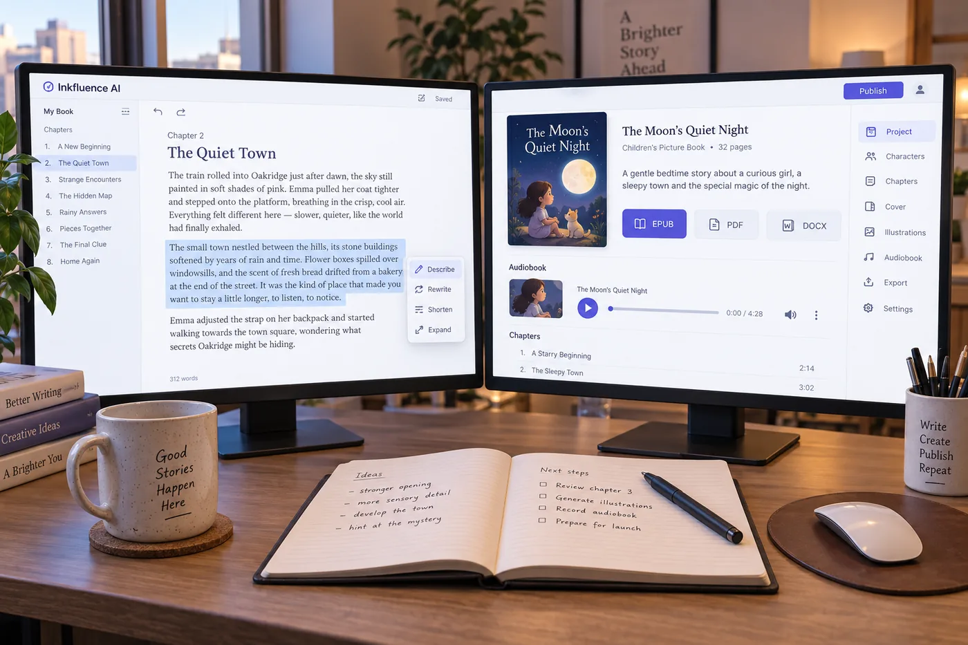 Two screens side by side on a desk: on the left a single scene being rewritten with craft tools and a menu of rewrite options, on the right a complete book with a cover, export buttons for EPUB, PDF and DOCX, and an audiobook player.