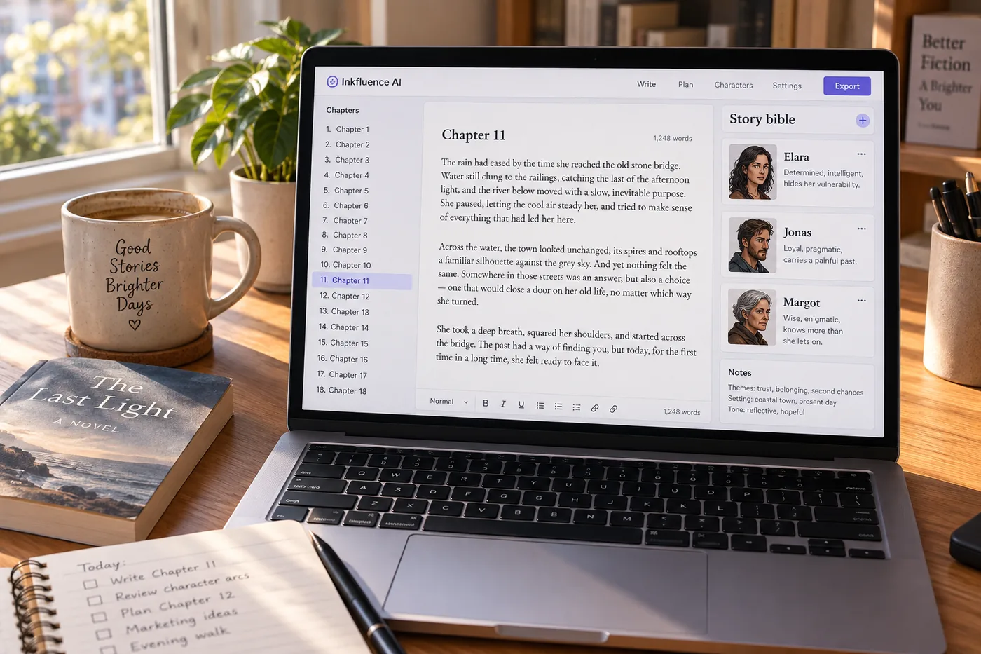 A laptop on a writing desk showing a novel in progress: a numbered chapter list on the left, a chapter open in the centre, and a story bible panel with character cards on the right, a coffee and a notebook beside it.
