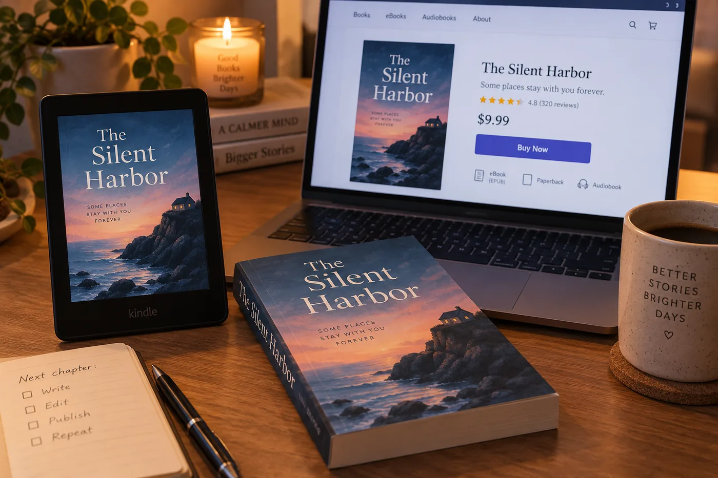 An e-reader showing a novel cover beside a printed paperback of the same book and a laptop with a store listing page, on a desk with a coffee and a pen.