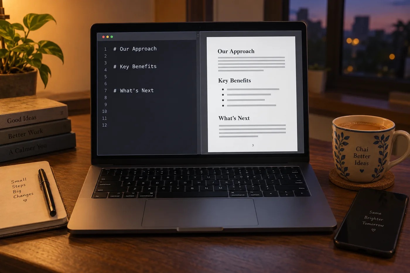 A laptop on a wooden desk showing the text to PDF converter: pasted text with # headings on the left, the finished PDF on the right with a heading, two paragraphs, a bullet list and a page number in the footer; a phone and a cup of chai beside it, evening light.